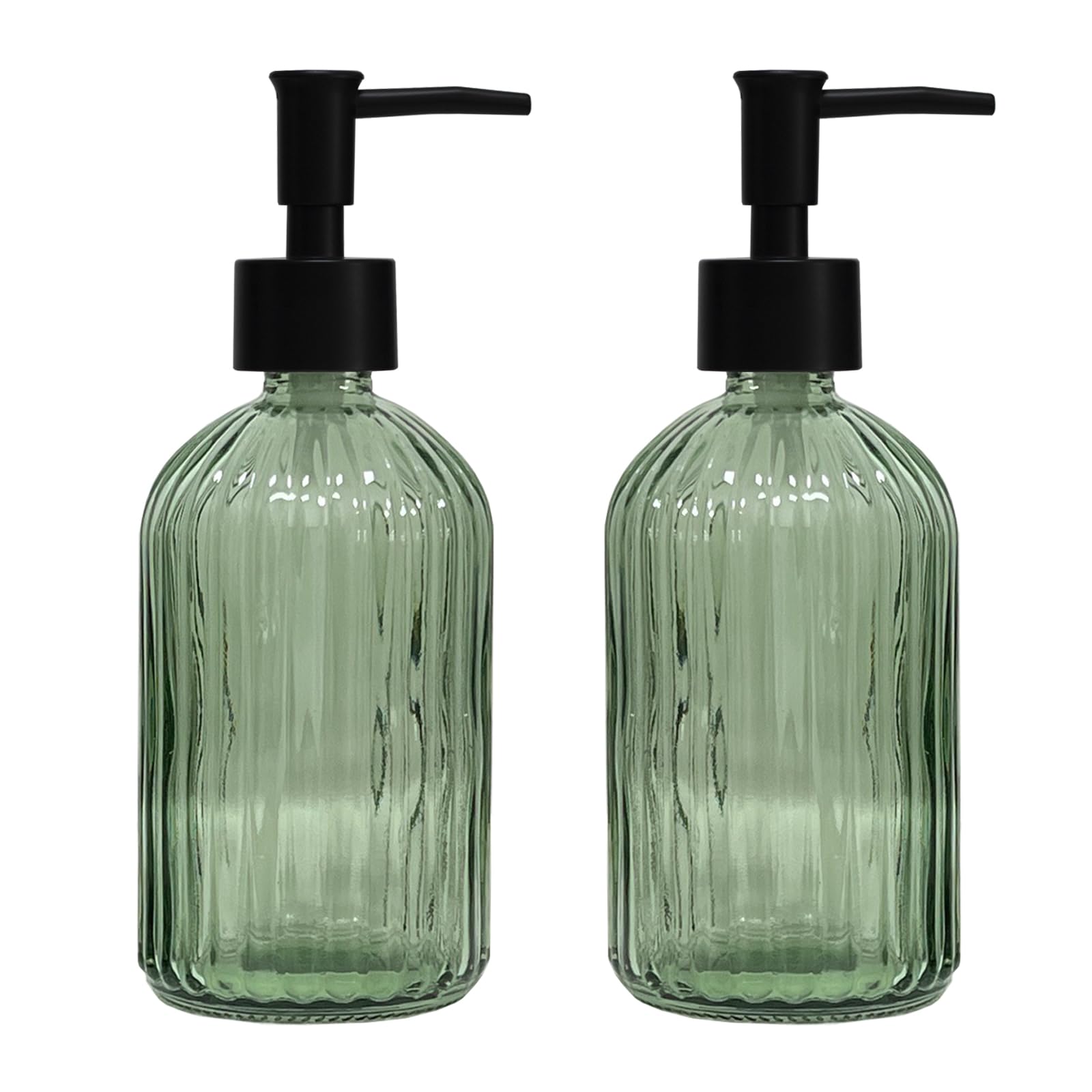 Green Glass Soap Dispenser Set With Black Pump, 13.5Oz Refillable Liquid Hand Soap Dispenser, Lotion Dish Soap Dispenser For Mod