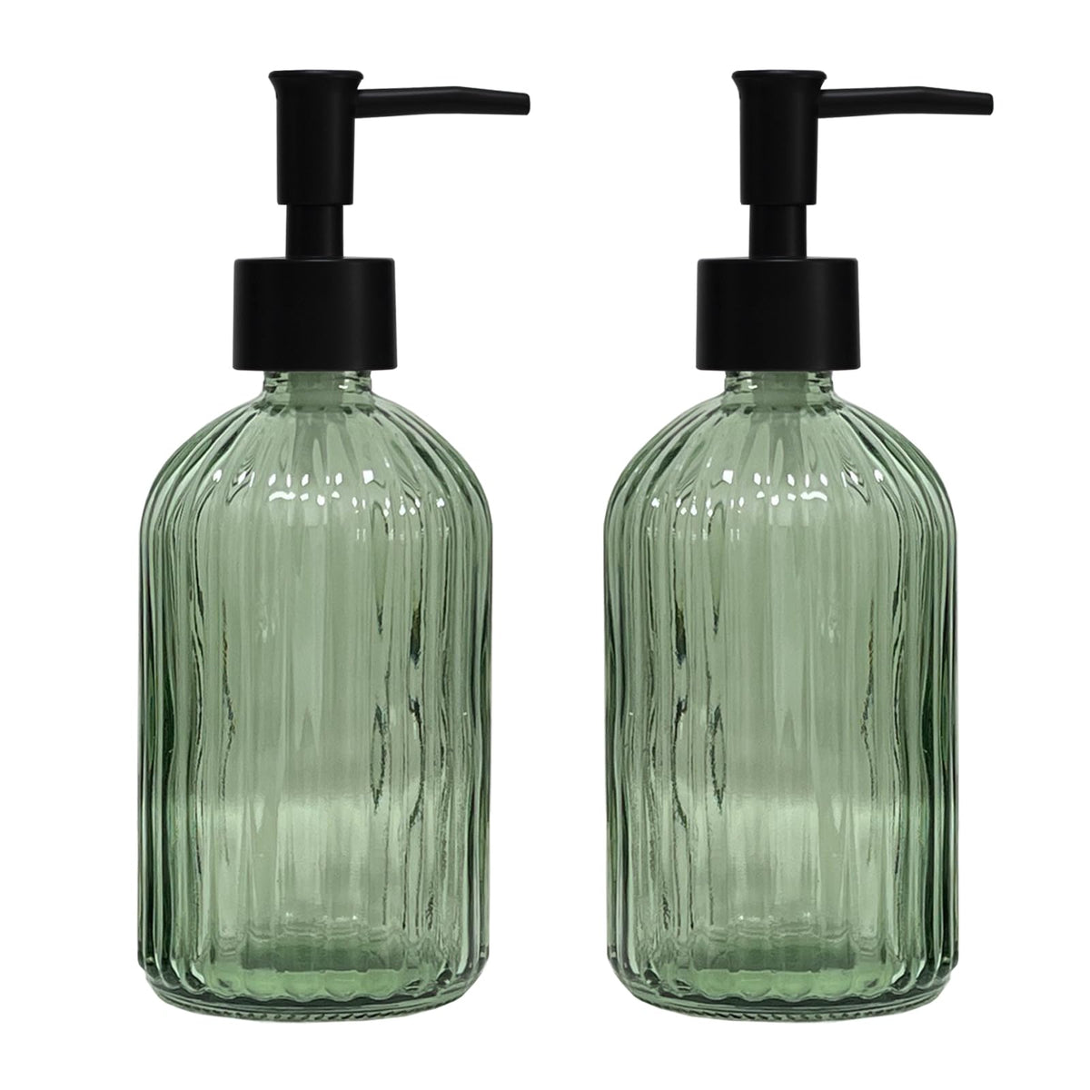 Green Glass Soap Dispenser Set With Black Pump, 13.5Oz Refillable Liquid Hand Soap Dispenser, Lotion Dish Soap Dispenser For Mod