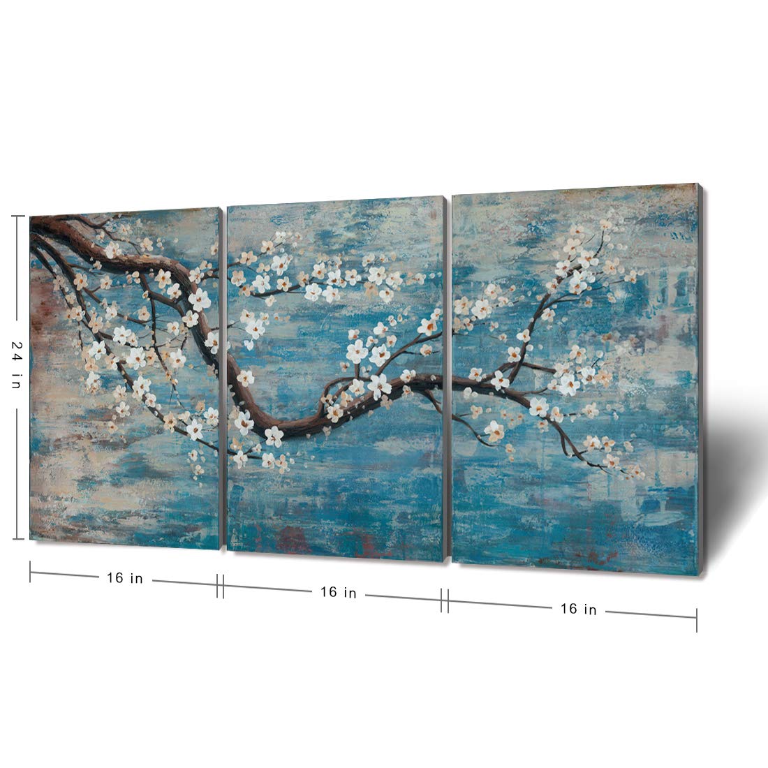 Wall Art for Living Room 100% Hand-Painted Flower Oil Painting On Canvas Gallery Wrapped Large Framed Floral Plum Blossom Tree Teal Blue Artwork for Home Bedroom Decor 48''x24''