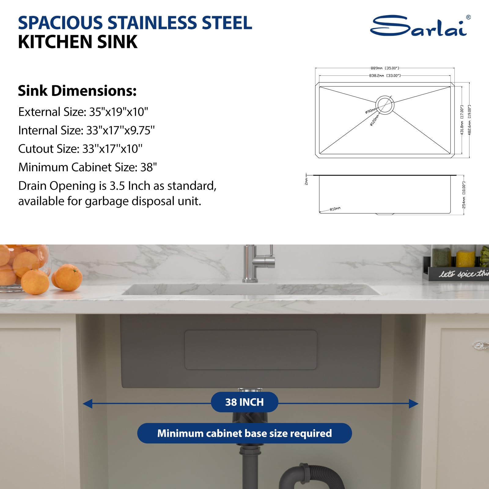 Sarlai 35 Kitchen Sink Undermount Stainless Steel - 35 X 19 Inch Undermount Sink Big Single Bowl Stainless Steel 16 Gauge Under