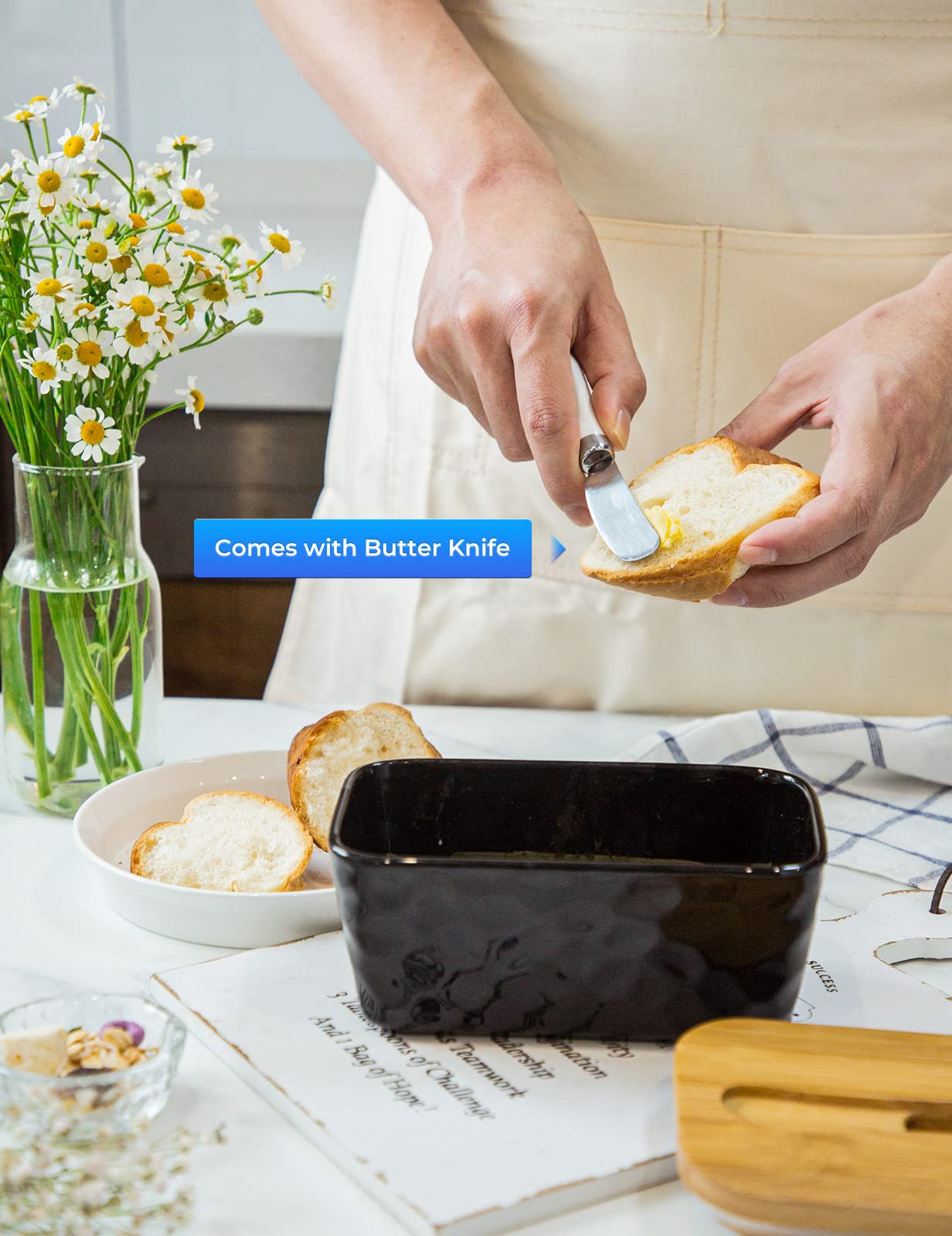 Stone Butter Dishes With Covers - Large Ceramic Butter Dish For Countertop - Double Silicone Seal - Black