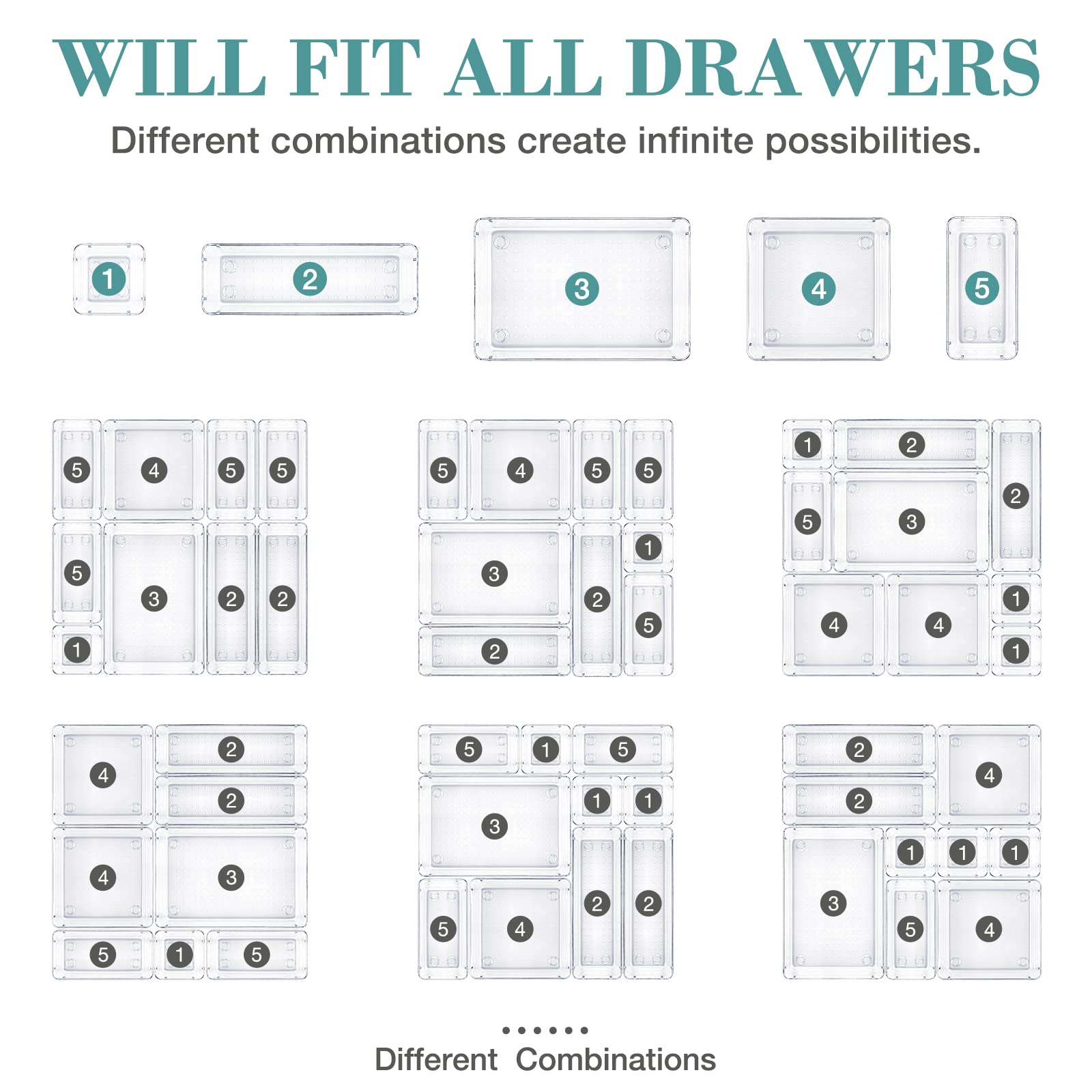 StorMiracle 16 PCS Drawer Organizer Set, 5 Varied Size Bathroom and kitchen Drawer cabinet organizer Trays, Clear Storage Bins f