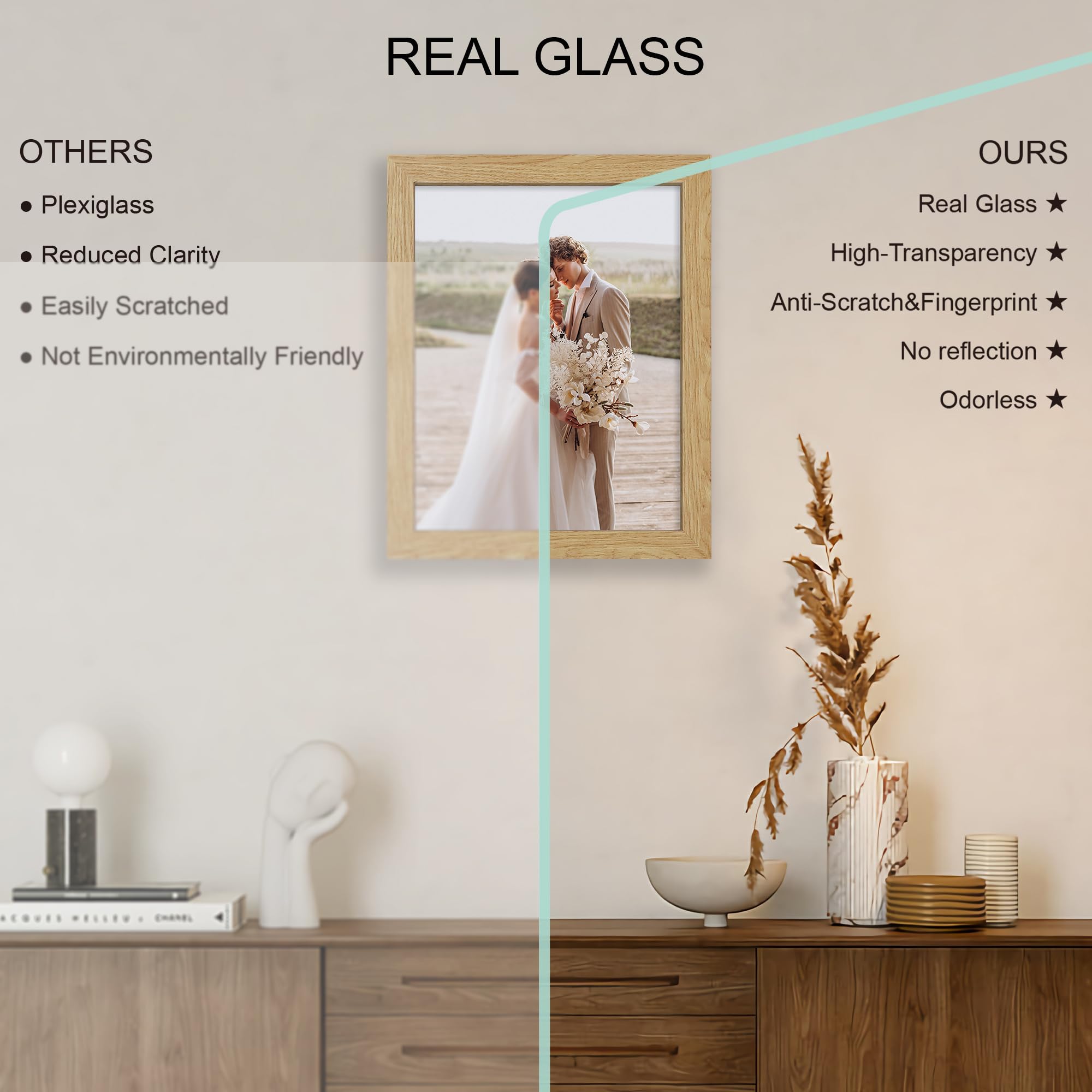 Hongkee 10x13 Picture Frame Set of 4, Made of Real Glass and Natural Oak Frame, 10 by 13 Photo for Wall or Tabletop - Display Pi