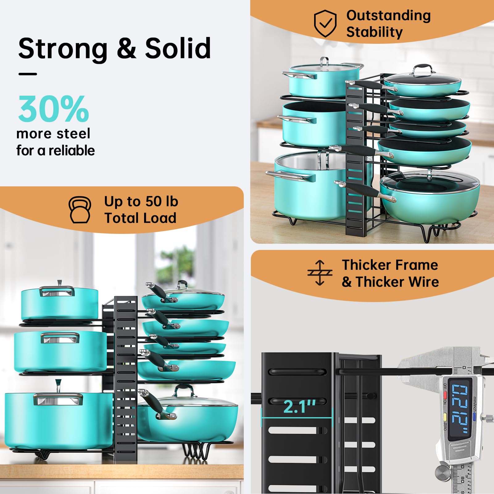 MUDEELA Pots and Pans Organizer Rack, Adjustable 8-Tier Storage, Black, Iron, Standard 16.5"H, Under Cabinet Solution
