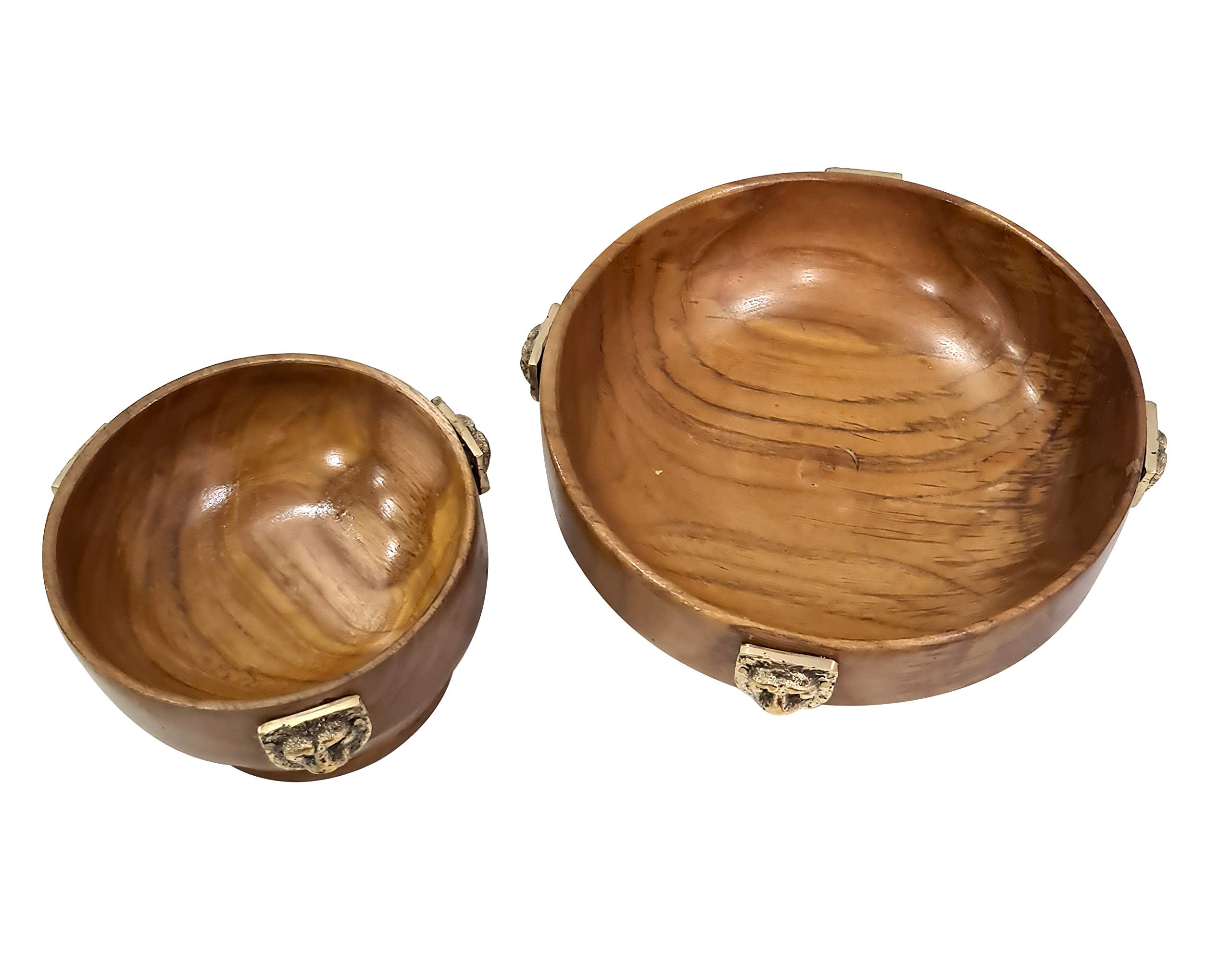 Collectiblesbuy Natural Wood Lion Metal - Set Of 2 Vintage Wooden Serving Bowl Handcrafted Contemporary Sustainable