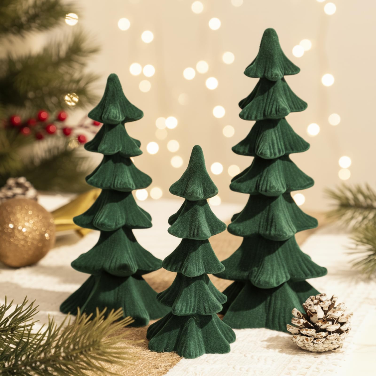 Newwiee 3 Pcs Christmas Velvet Trees Set Velvet Christmas Tree Cone Ceramics Flocked Modern Tabletop Centerpieces Farmhouse Home
