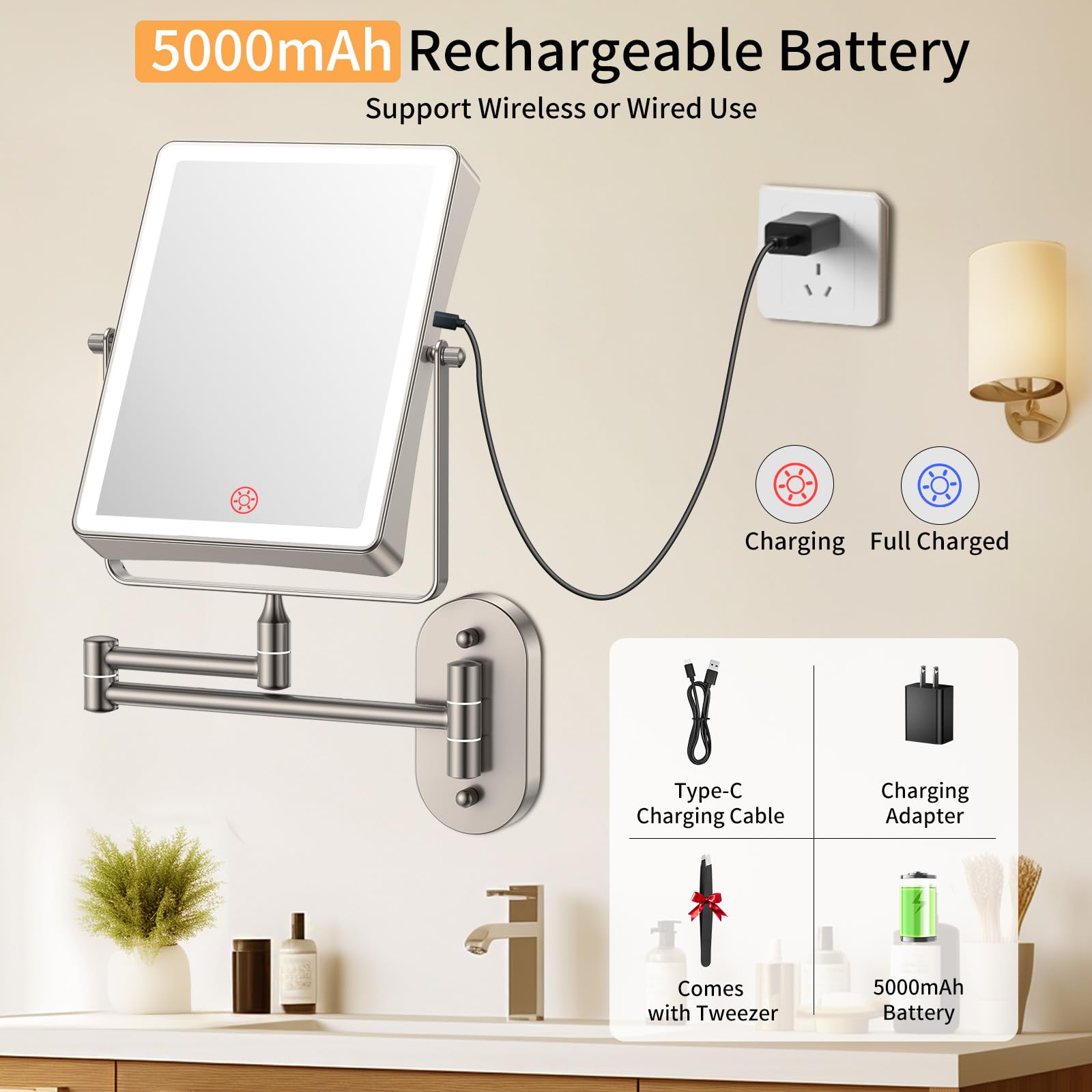 FUNTOUCH Wall Mounted Makeup Mirror - 1X/20X Magnifying, 5000mAh, Touch Dimmable, Brushed Nickel, 16.2"L x 13.