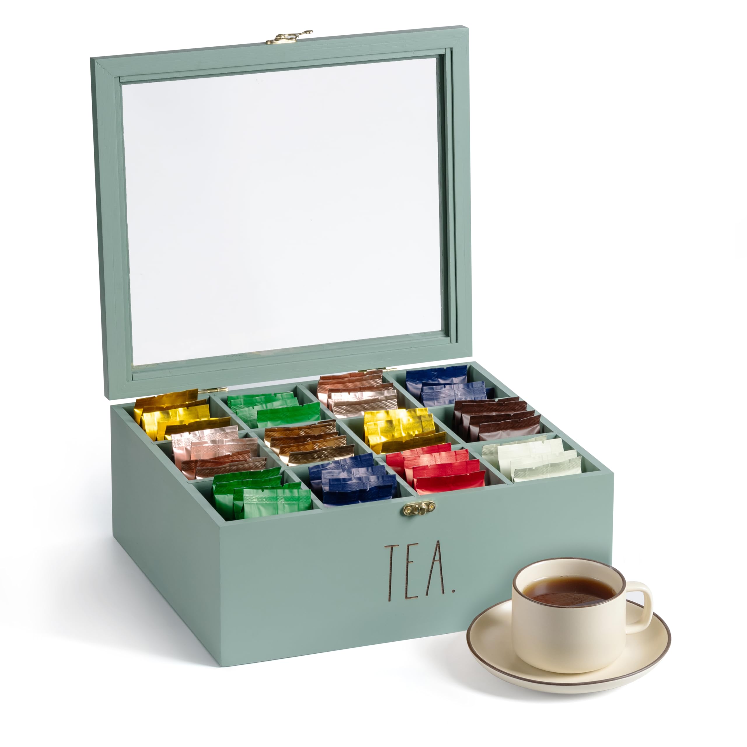 Rae Dunn Tea Bag Organizer  Tea Box Divided Storage Container Box with Hinge Lid for Kitchen Cabinet, Countertop, Pantry, Hold 