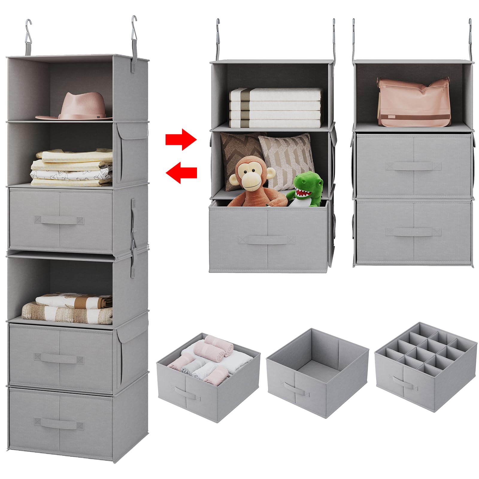 Vailando 6-Tier Hanging Shelves For Closet, Two 3-Shelf Hanging Closet Organizer W/ 4 Side Pockets And 3 Drawers, Combinable For
