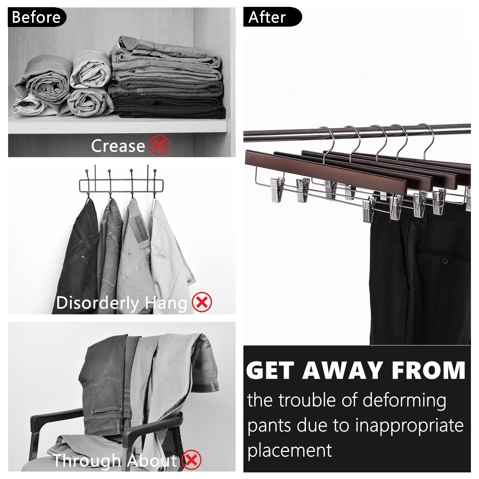 Amber Home 10 Pack Retro Wooden Pants Hangers With Clips, Walnut Wood Skirt Hangers Trouser Hangers For Jeans, Slacks, Shorts Wi