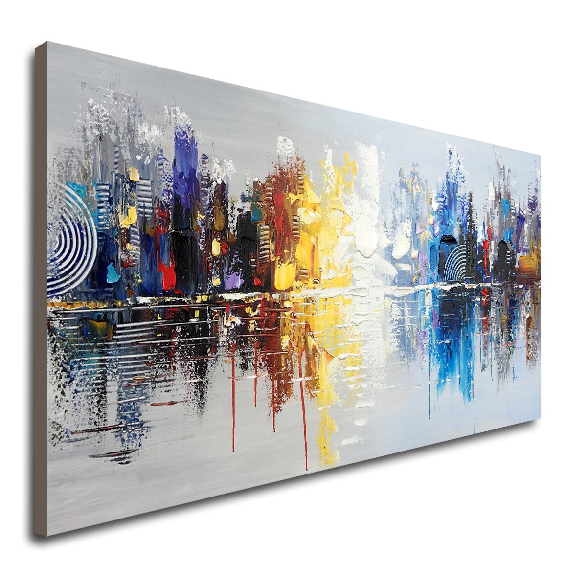 Hand Painted Cityscape Modern Oil Painting On Canvas Reflection Abstract Wall Art Decor (48 X 24 Inch)