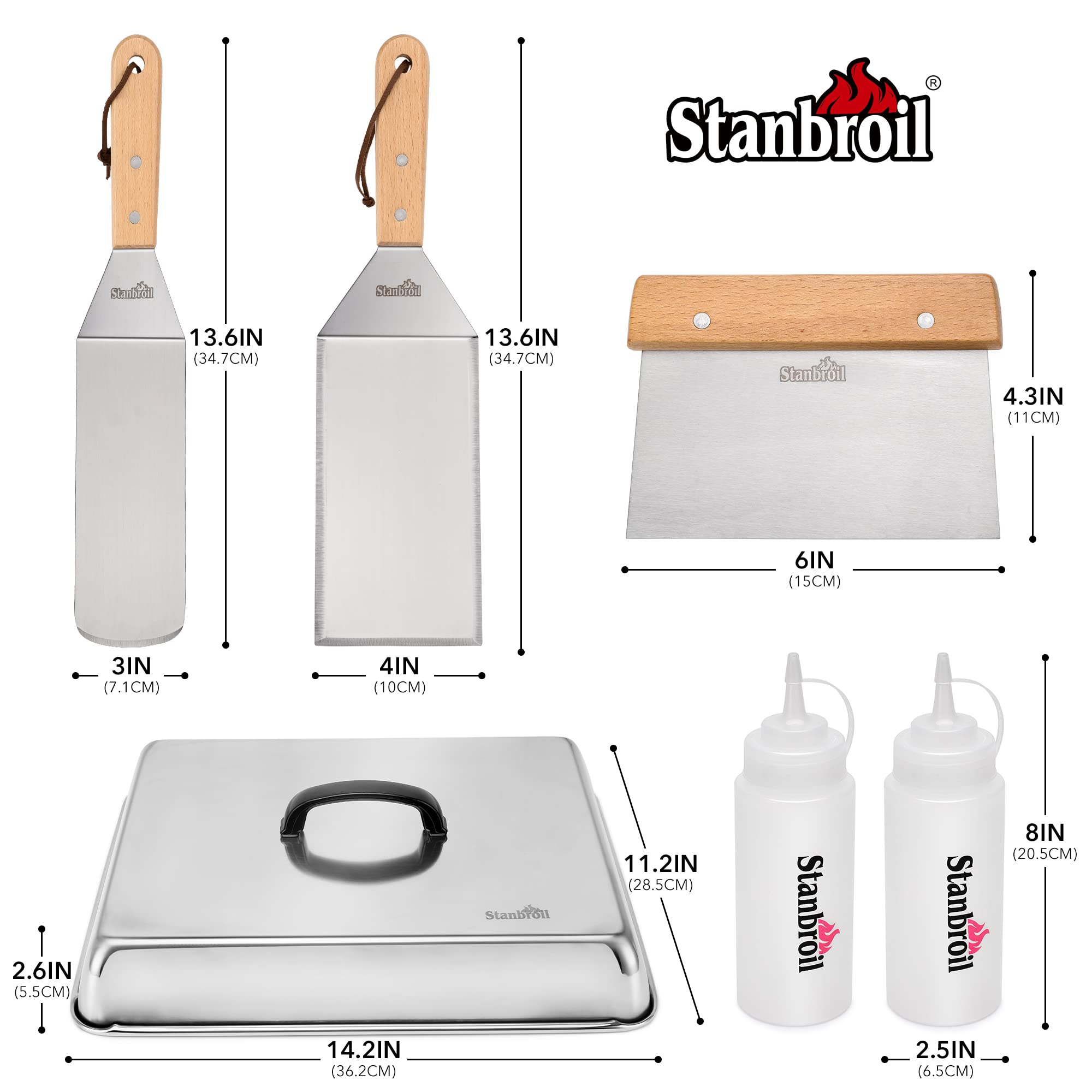 Stanbroil Bbq Griddle Accessories Set Of 6 - Heavy Duty Stainless Steel Scraper, Spatula, Basting Cover And Bottles For Blacksto