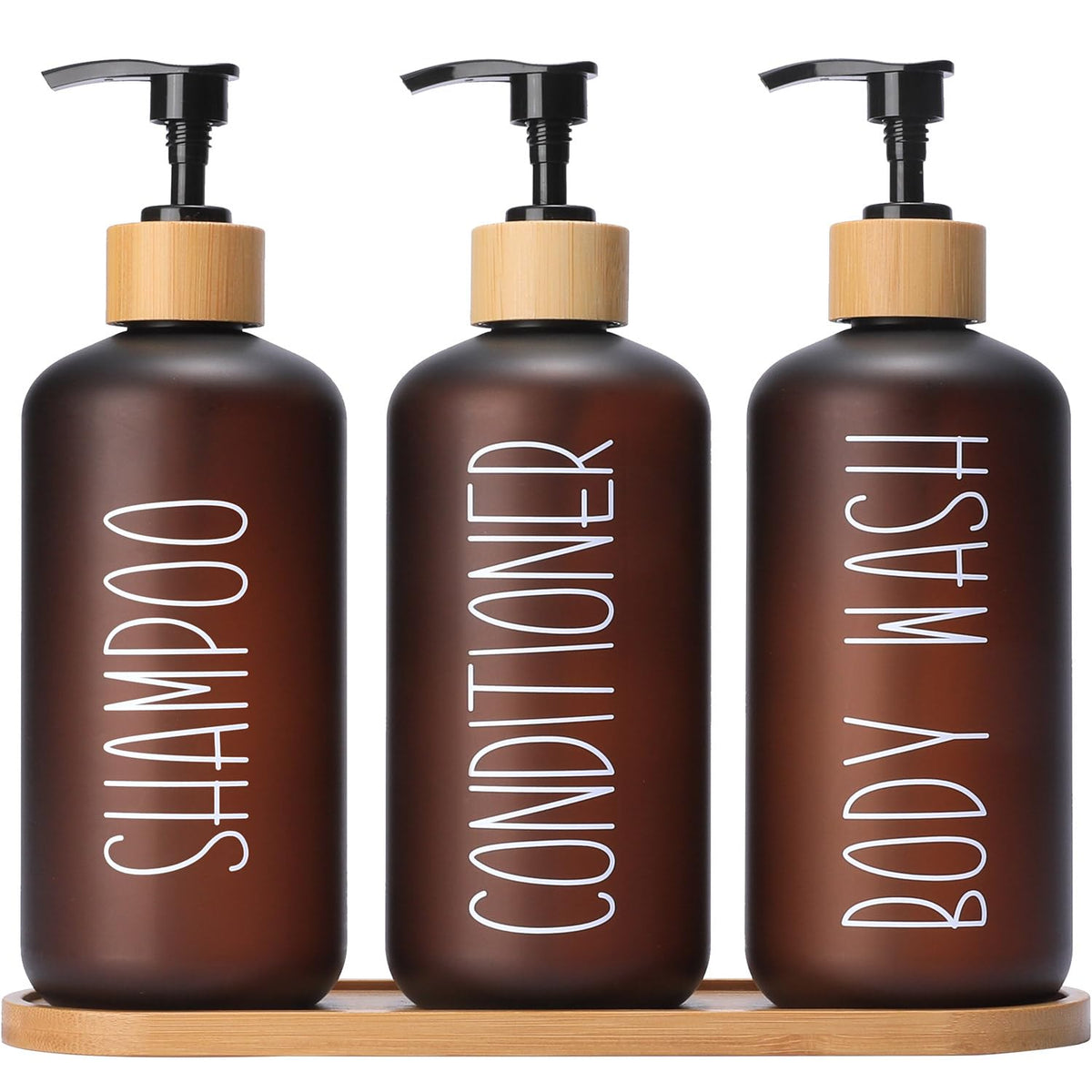 Momeemo Amber Shower Dispenser Set, Contains 3 Extra-Thick Pet Plastic Bottles With Bamboo Pumps, Shampoo And Conditioner Dispen