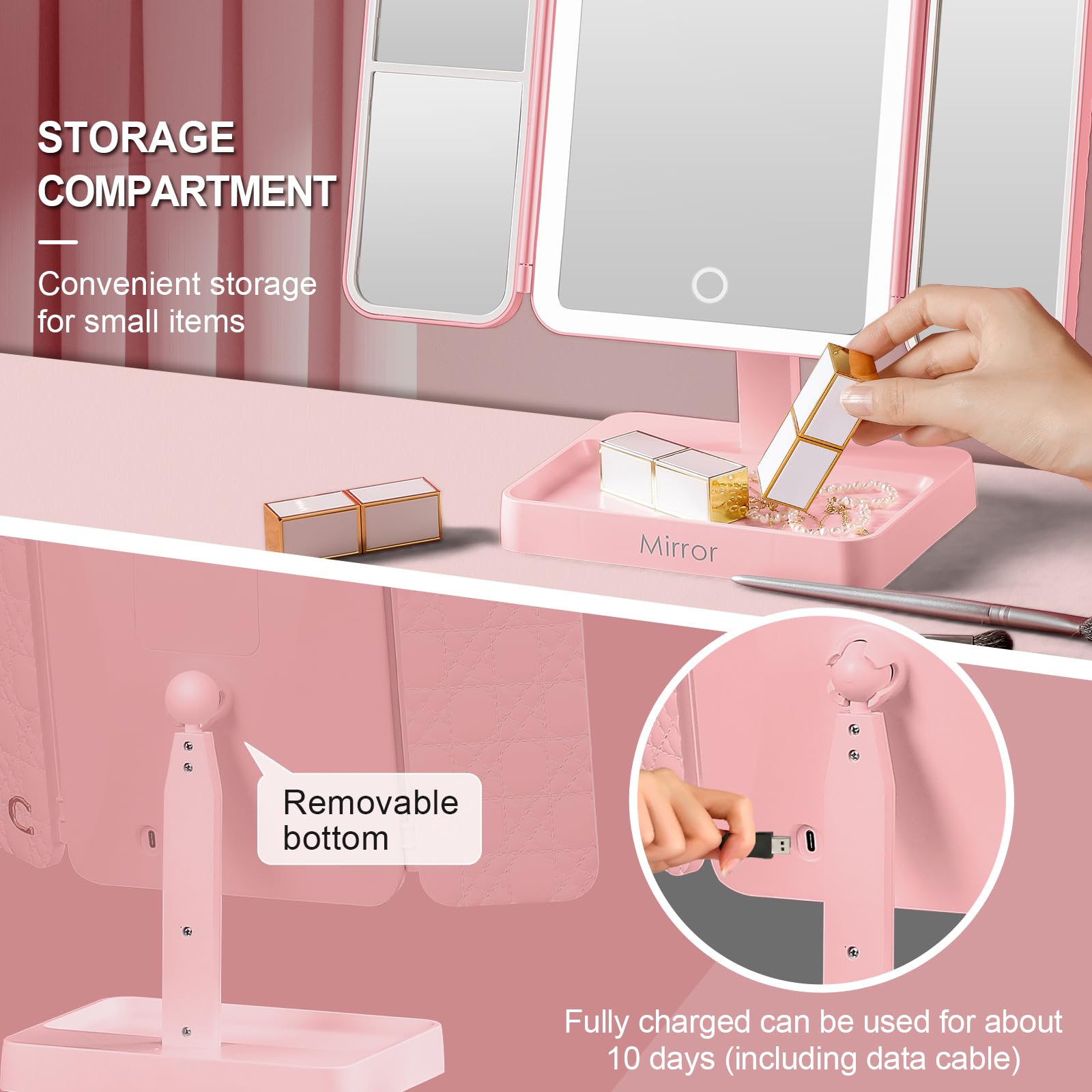 Makeup Mirror Vanity Mirror With Lights, 83 Leds, 360-Degree Uniform Fill Light, 3-Color Lighting, Touch Control, Trifold Makeup