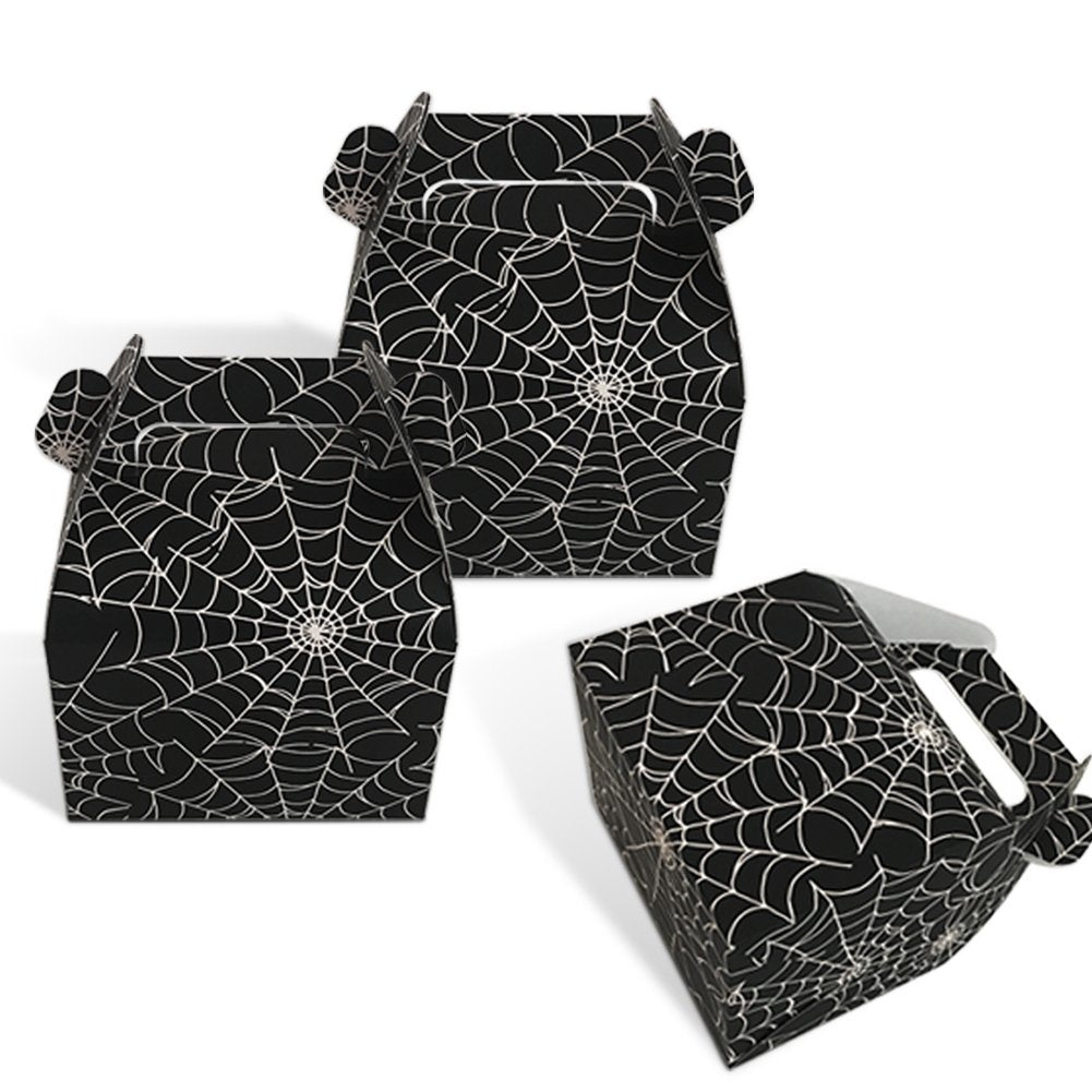 Hooqict 24Pcs Halloween Favor Boxes Paper Black Spider Web Gift Bags Halloween Treat Boxes For Halloween Kids Birthday Decoratio