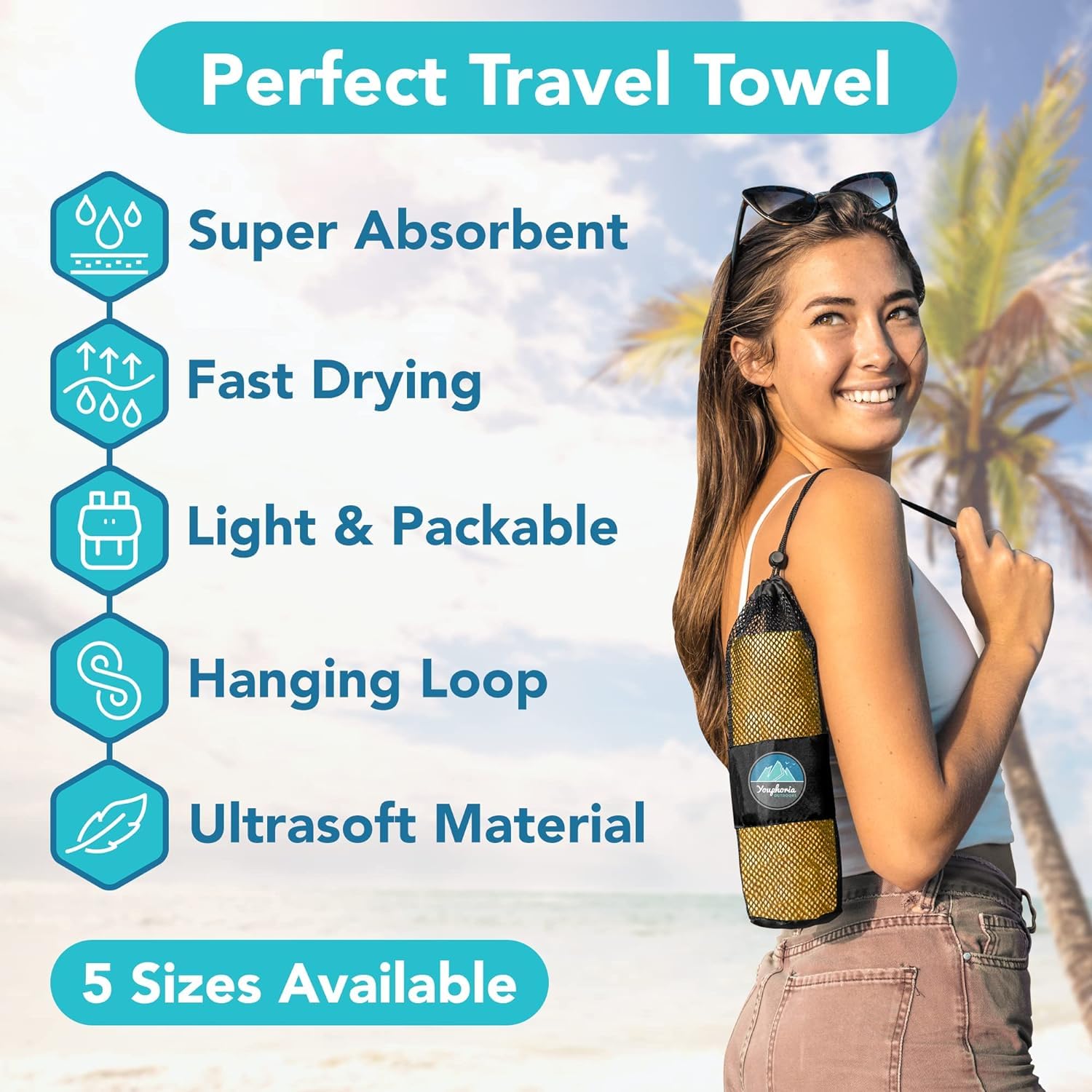 Youphoria Microfiber Travel Towel Fast Drying Lightweight - Quick Dry Towel For Camping, Beach, Backpacking, Hiking, & Sport Sun