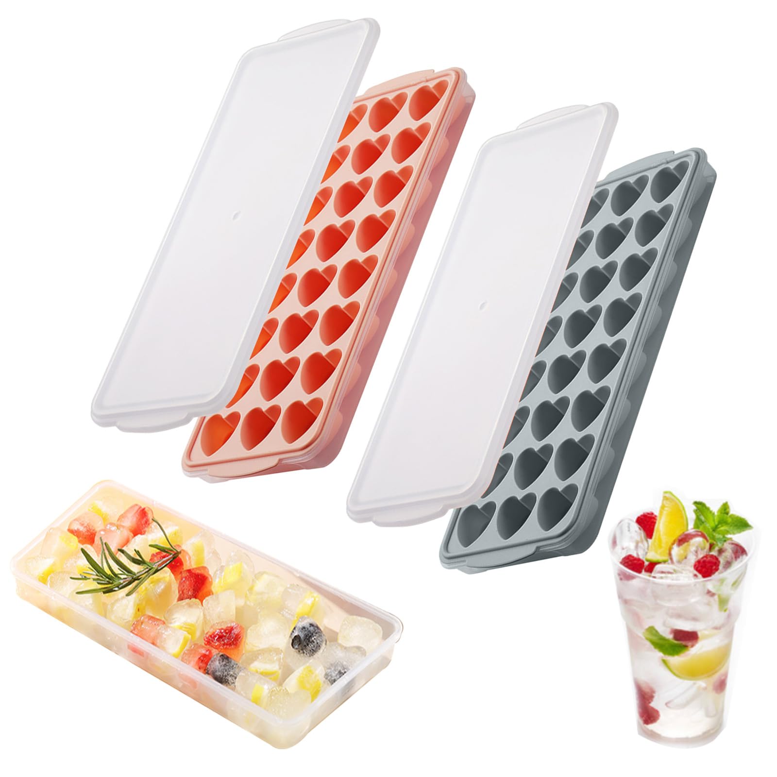 2 Pack Heart-Shaped Ice Cube Trays with lid and bin - 48 Holes Silicone Mini Heart Ice Cube Tray, BPA Free and Dishwasher Safe, 
