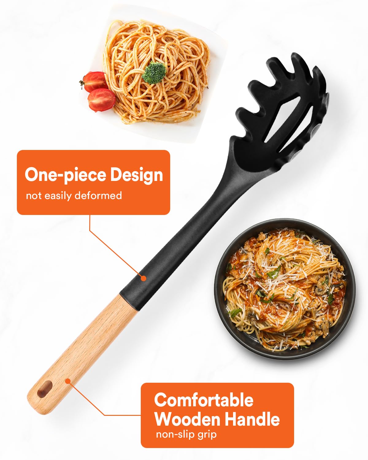 Silicone Pasta Fork, Kitchen Heat Resistant Noodle Spoon Server, Bpa Free Spaghetti Strainer,12.8 Inch (Black)