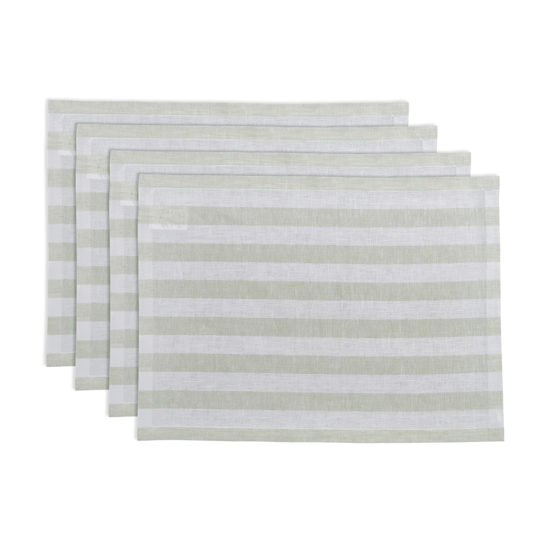 Solino Home Stripe Linen Placemats 19'' L X 14'' W Inch - 100% Pure Linen Sage And White Cloth Placemats Set Of 4 - Sorrento Str