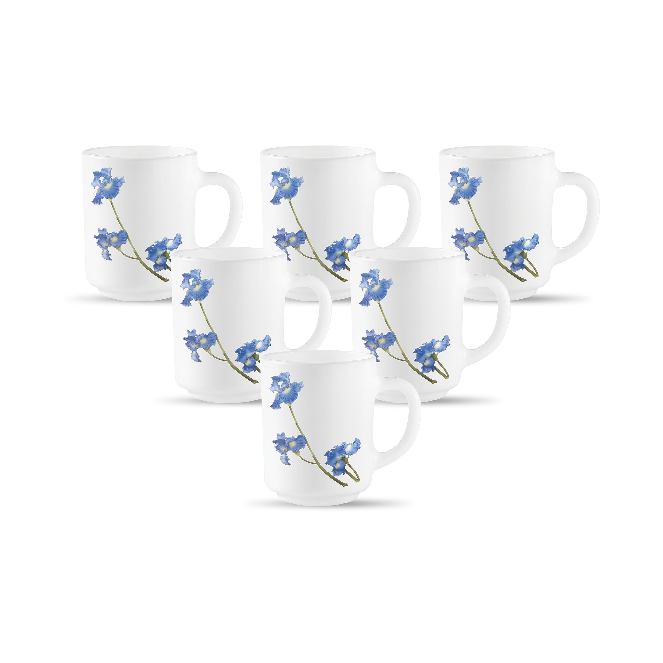 La Opala, Novo Collection Opal Glass Crockery | Coffee Mug Grace Medium, Set of 6 | Blue Orchids, 250 ml | for Tea & Coffee | Mi