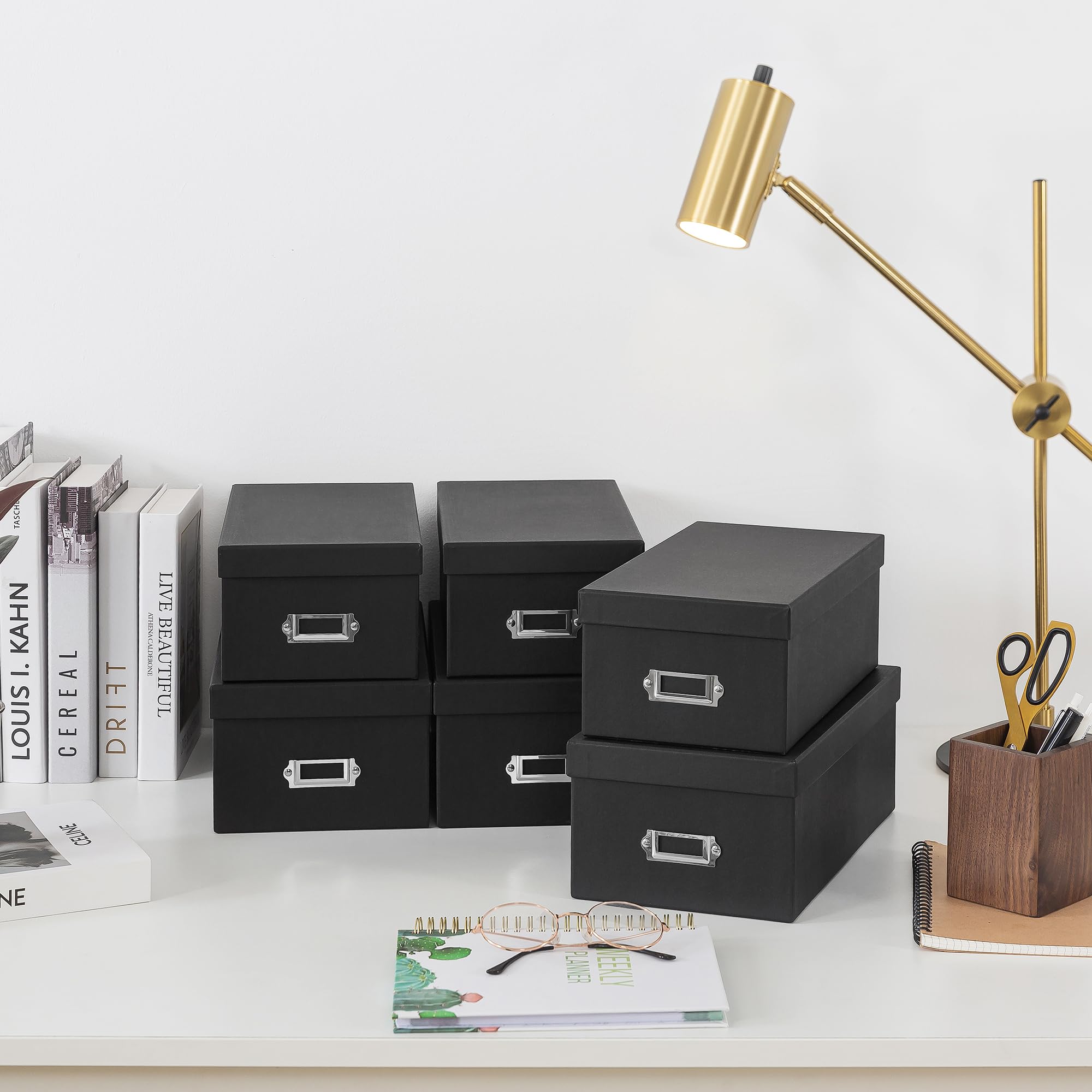 Soul & Lane Black Storage Boxes - Set of 6 (3 Large, 3 Medium), Keepsake Memory Storage Boxes with Lids, Cardboard Organizers wi