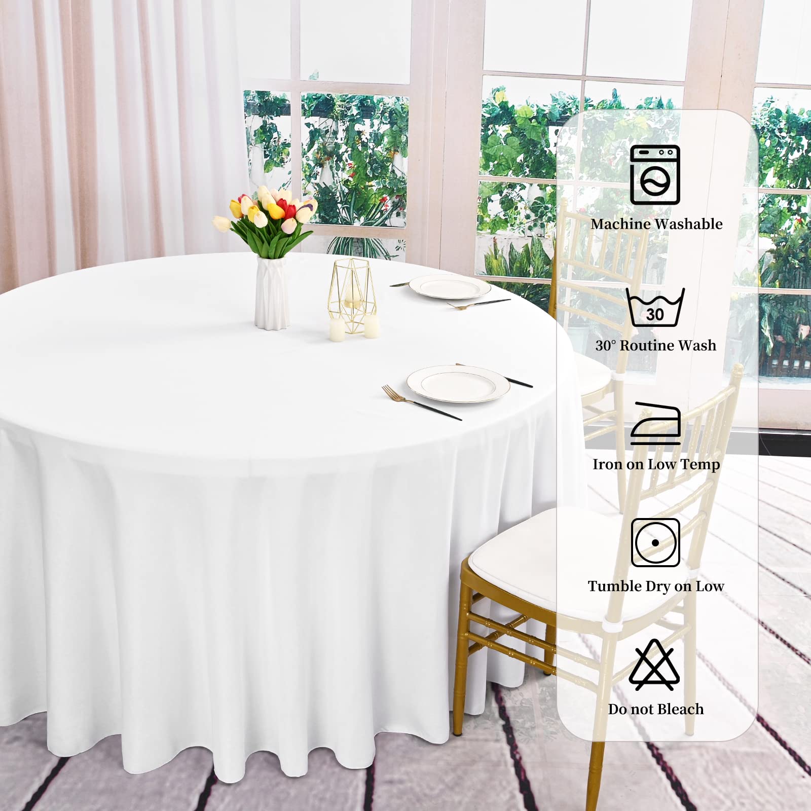 Rewomc 6 Pack Round Tablecloths - 120 Inch, White Polyester Table Cover For Round Table, Stain And Wrinkle Resistant Washable Fa