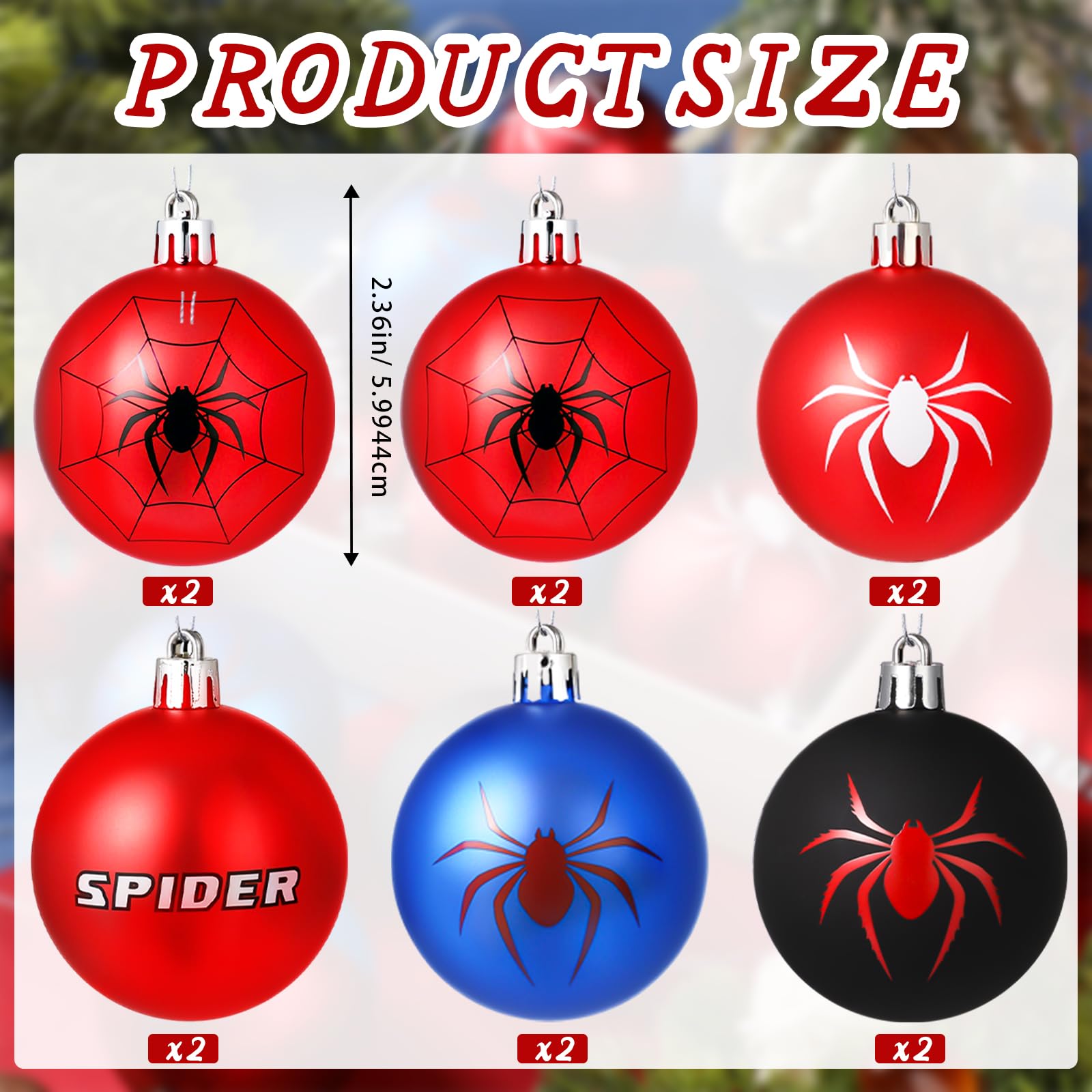 Civaner 12 Pcs 2.36 Inch Spider Christmas Ball Ornaments Spider Web Hanging Ornaments Blue Red Christmas Tree Decoration for Xma
