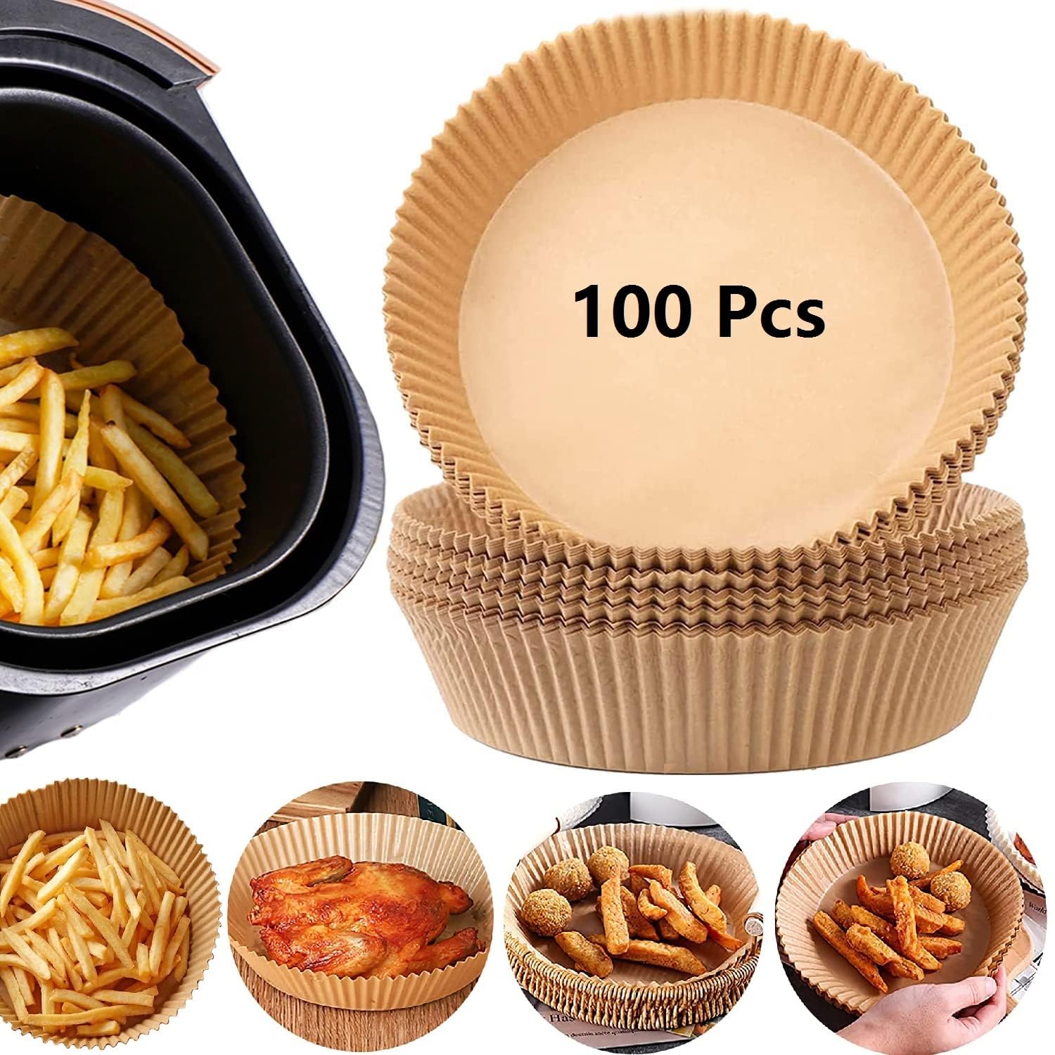 Arlicorping Air Fryer Liner - 100 Pcs Disposable Round Paper, Non-Stick, Oil-Proof, For Baking & Roasting