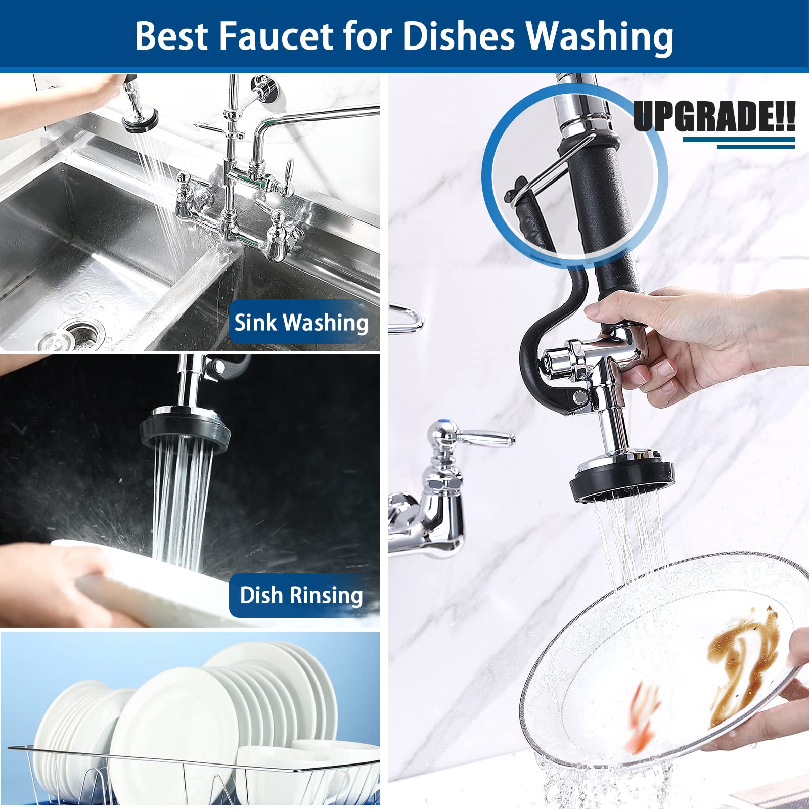 AGAHPAY Commercial Kitchen Sink Faucet with Pre Rinse Sprayer 8 Adjustable Center Wall Mount Restaurant Faucet with 12?Swing Spout 25?Height for Compartment Sink  Industrial  Chrome  Solid Brass