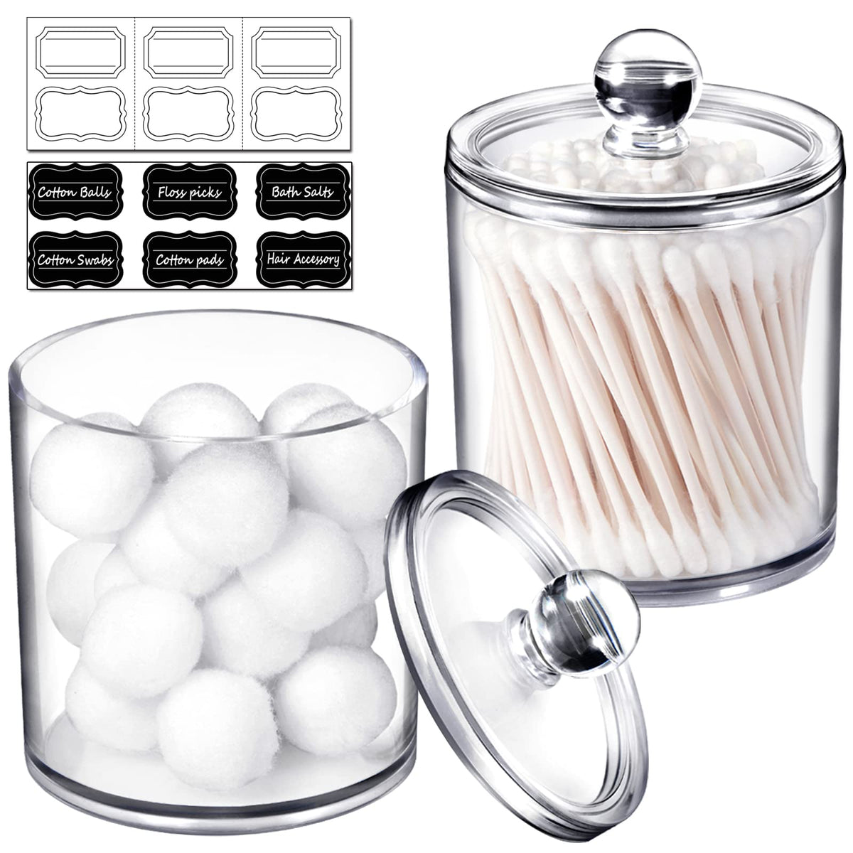 15 Oz Qtip Dispenser Apothecary Jars Bathroom With Labels - Qtip Holder Storage Canister Clear Plastic Acrylic Jar For Cotton Ba
