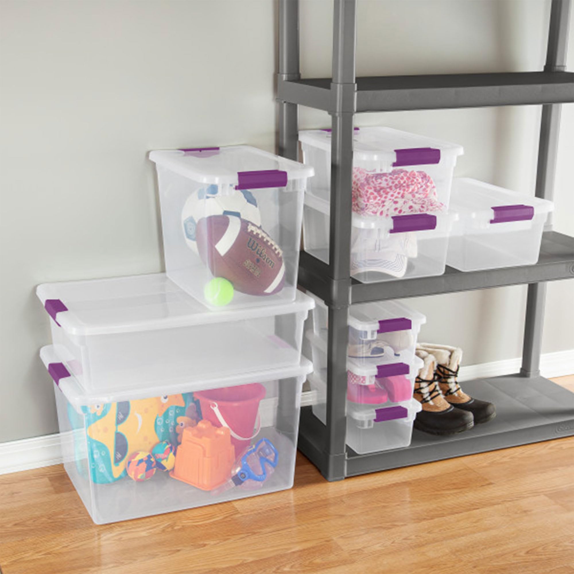 Sterilite 27 Qt Clearview Latch Storage Box Stackable Bin With Latching Lid, Plastic Container To Organize Clothes In Closet, Cl