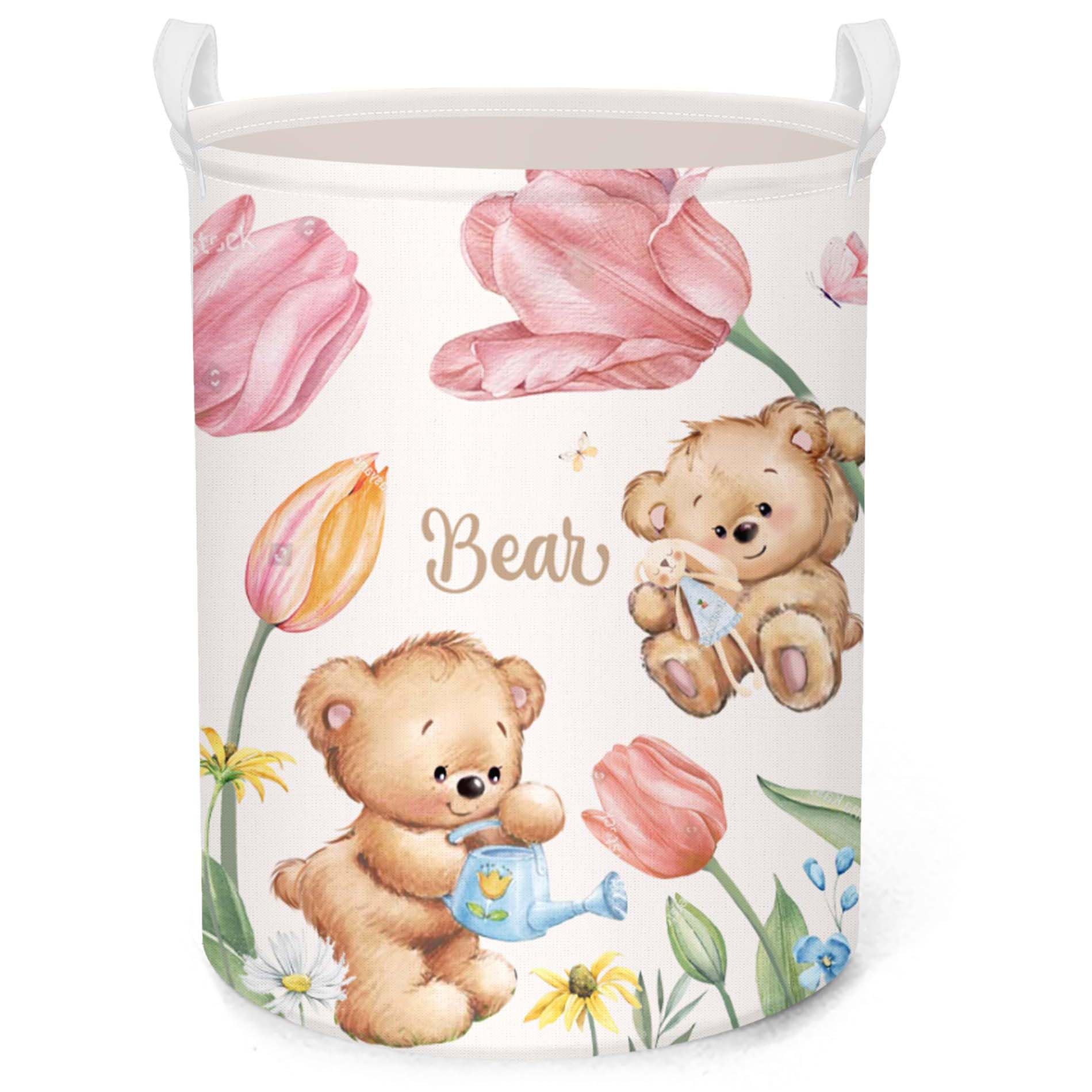 Clastyle Large Pink Tulip Bear Baby Gift Basket Kid Clothes Toy Book Nursery Storage Bin Girl Bedroom Butterfly Flower Laundry H