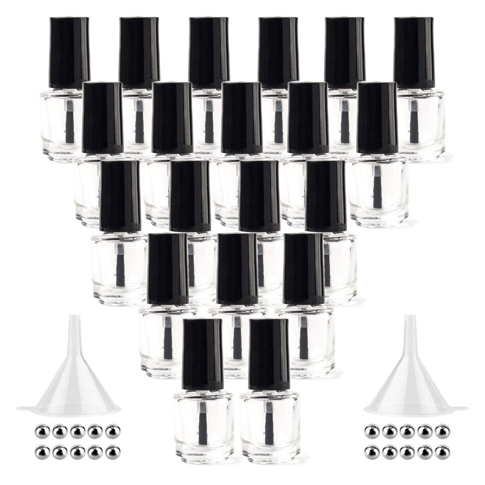 Gther 20Pcs Empty Nail Polish Bottles, Clear Glass Refillable Bottles Container With Brush Cap & Funnel & Mixing Balls For Nail