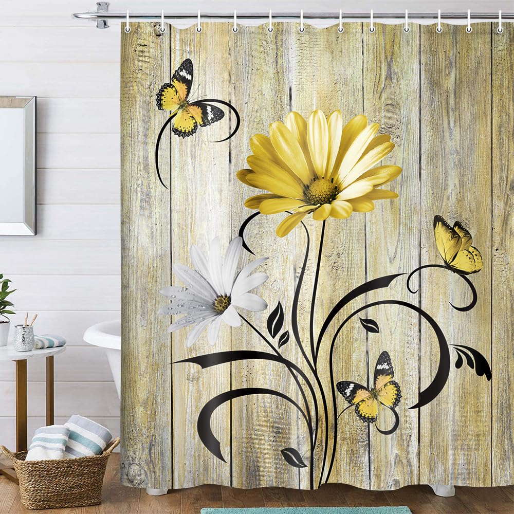 Rustic Farmhouse Floral Shower Curtain, Farm Boho Yellow Daisy Spring Flowers And Butterfly On Country Wooden Shower Curtain For