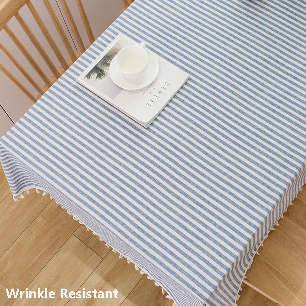 Trudelve Cotton Blend Tablecloth Blue And White Striped Tablecloth With Tassels Boho Rectangle Tablecloths (Blue,102''X55'',Rect
