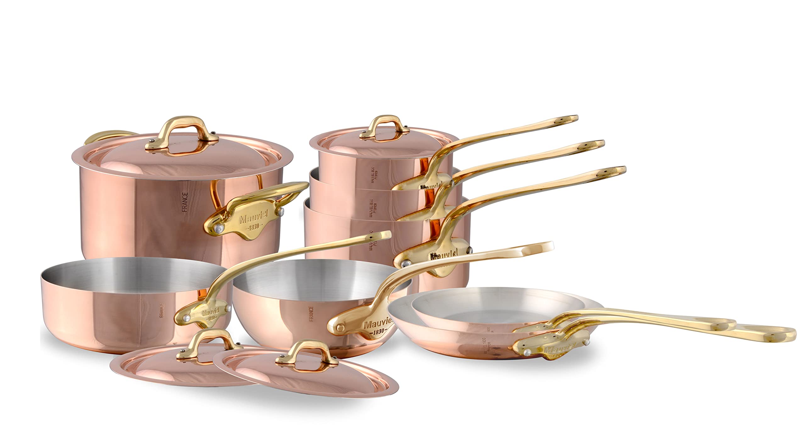Mauviel MHeritage 150 B 1.5mm Polished Copper & Stainless Steel 12Piece Cookware Set With Brass Handles, Made In France