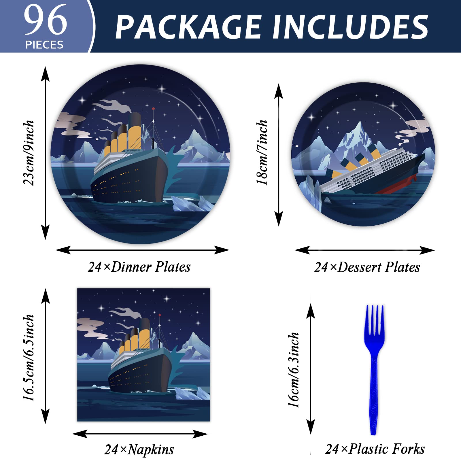 chiazllta 96 Pcs Titanic Party Paper Plate and Napkins Titanic Birthday Party Table Decoration Supplies Ocean Party Paper Plate Napkin Fork for Party Favors 24 Guests