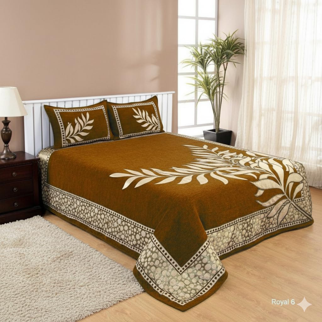Fresh From Loom Floral Bedsheet Cum Bed Spread For Double Bed King Size 500 Tc Chenille Velvet Bed Cover With 2 Pillow Cover, Si