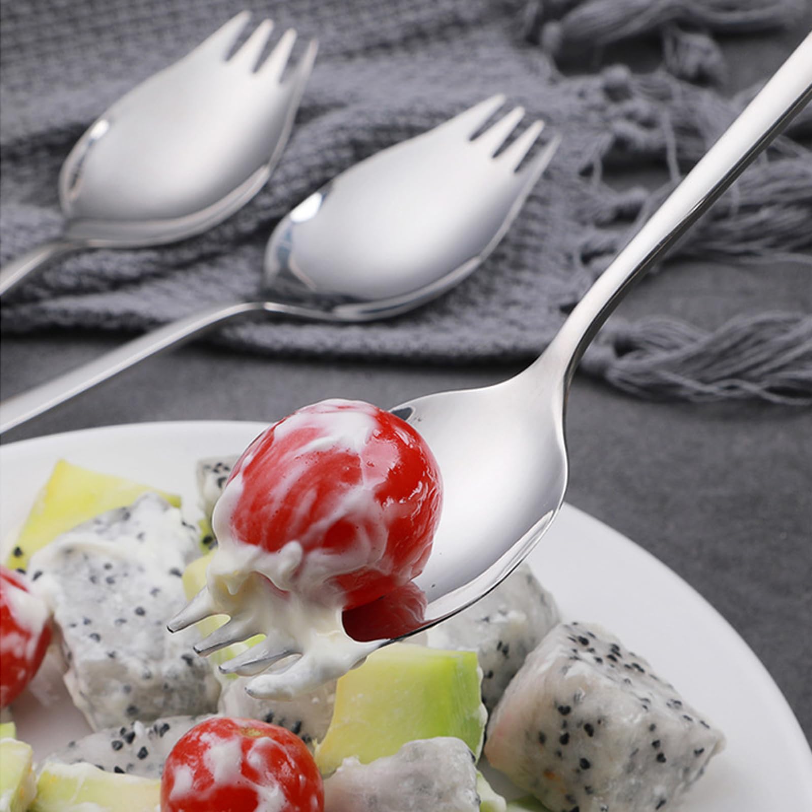 Iqcwood Sporks Stainless Steel, Salad Forks, 8 Pack 18/10 Stainless Steel Sporks, 7.4 Inches Long Handle Dessert Spoons, Ice Cre