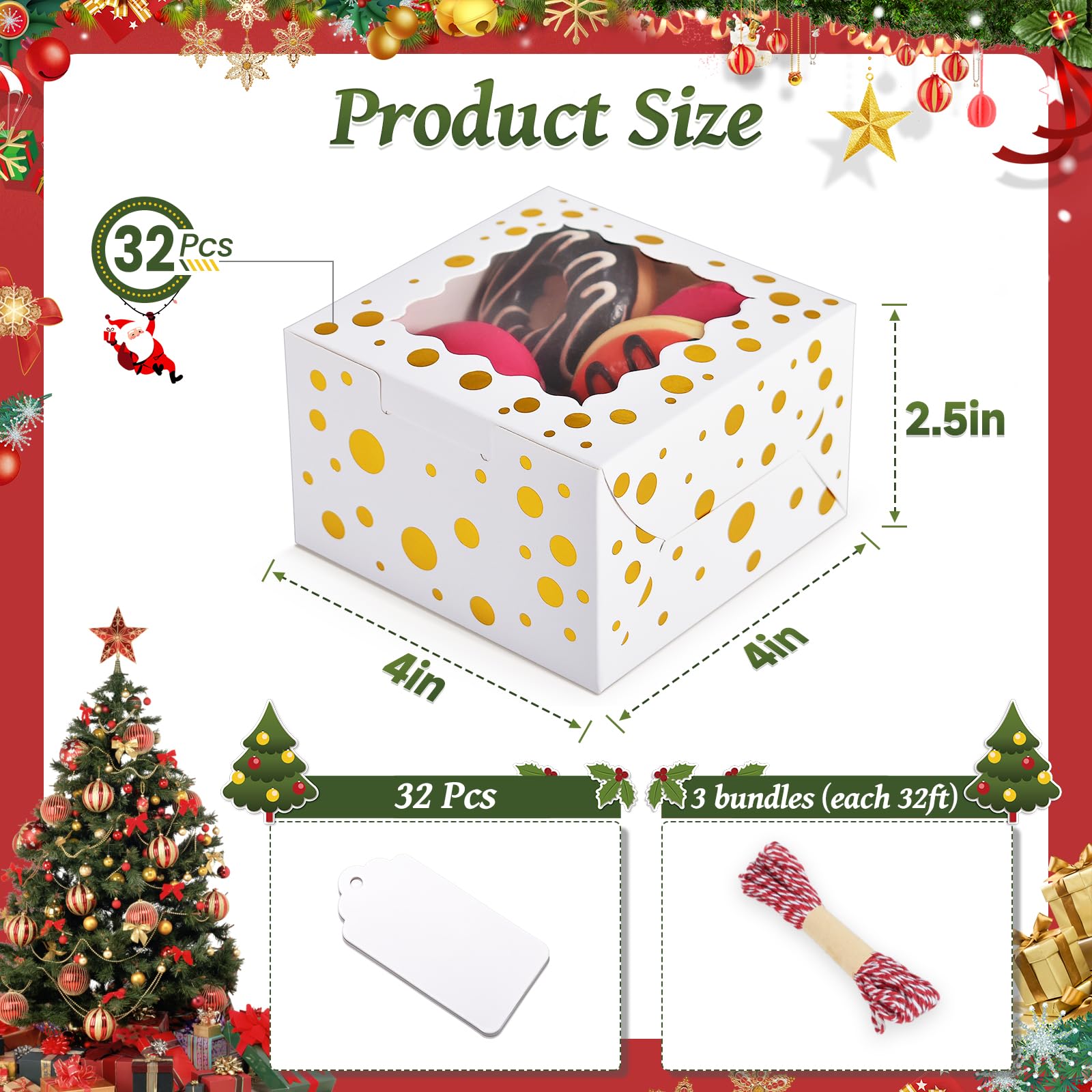 DOYIDE 32Pcs 4x4x2.5 in Christmas Cookie Boxes with Window, White Bakery Boxes for Cookie, Treat Boxes Pastry Boxes for Gift Giv