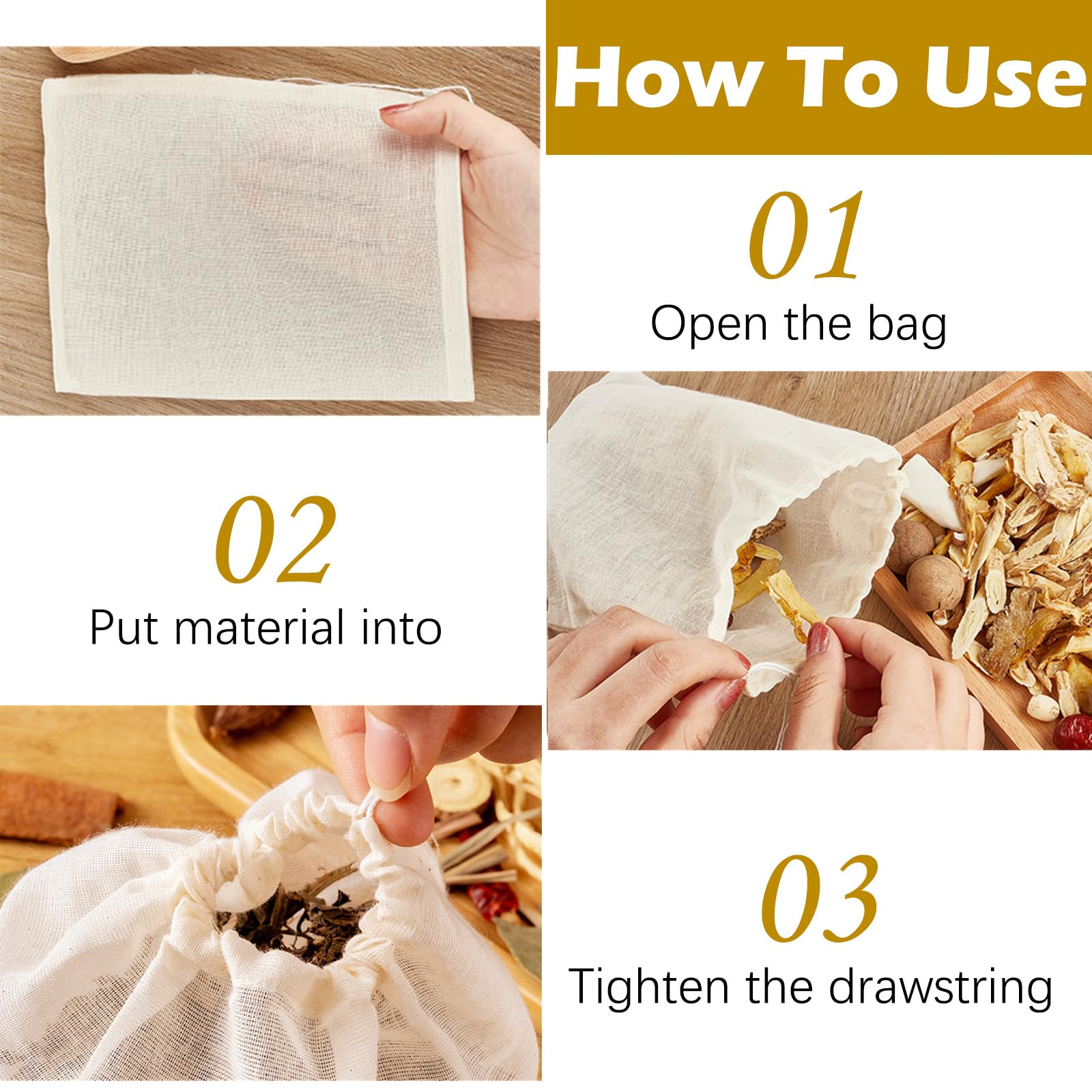 Tuzazo 24 Pack Reusable Spice Bags For Cooking, Cheesecloth Bags For Straining, Drawstring Cotton Tea Bags Soup Bags Bone Broth