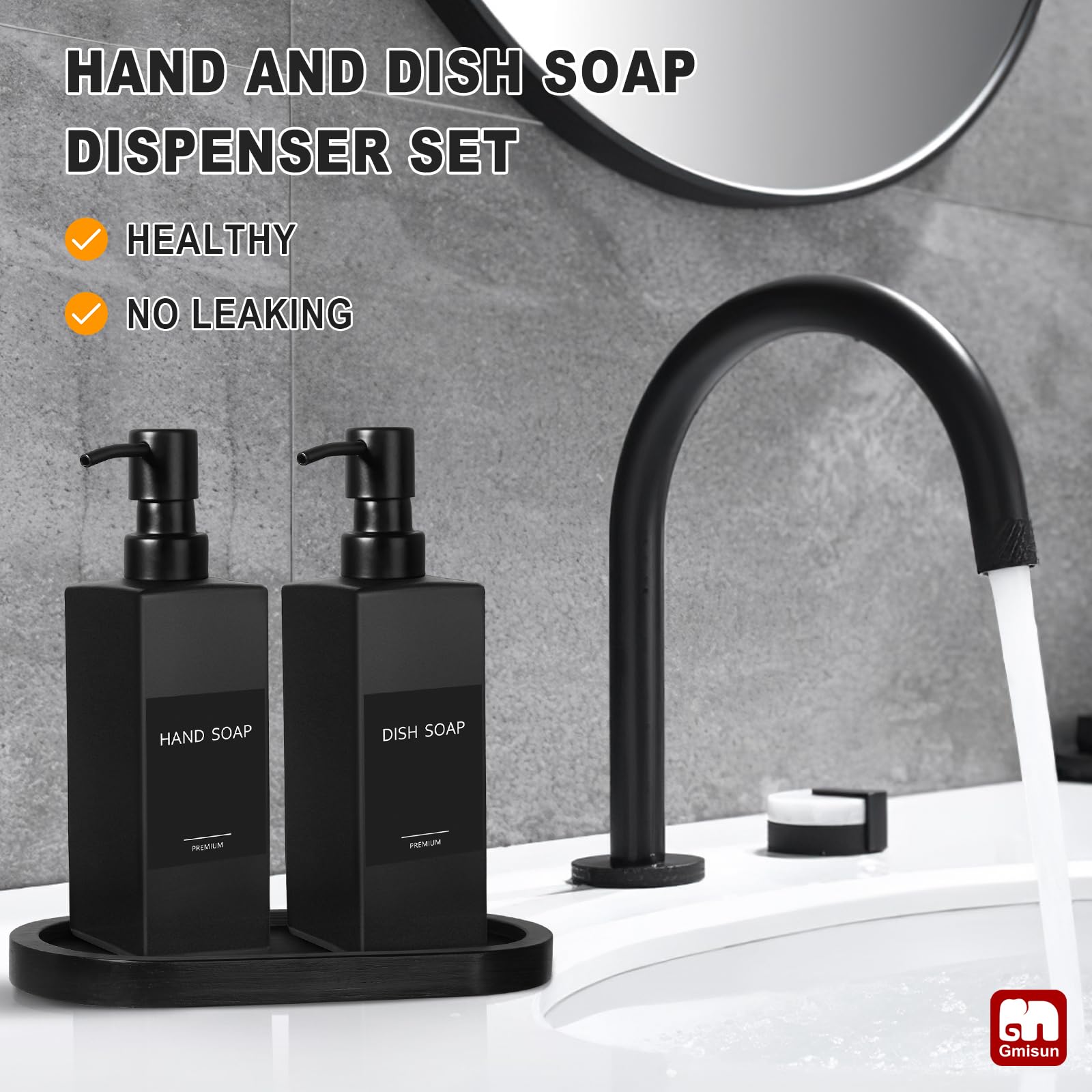 Gmisun Kitchen Soap Dispenser Set, Hand And Dish Soap Dispenser Set, Black Soap Dispenser With Tray, Dish Soap Dispenser For Kit