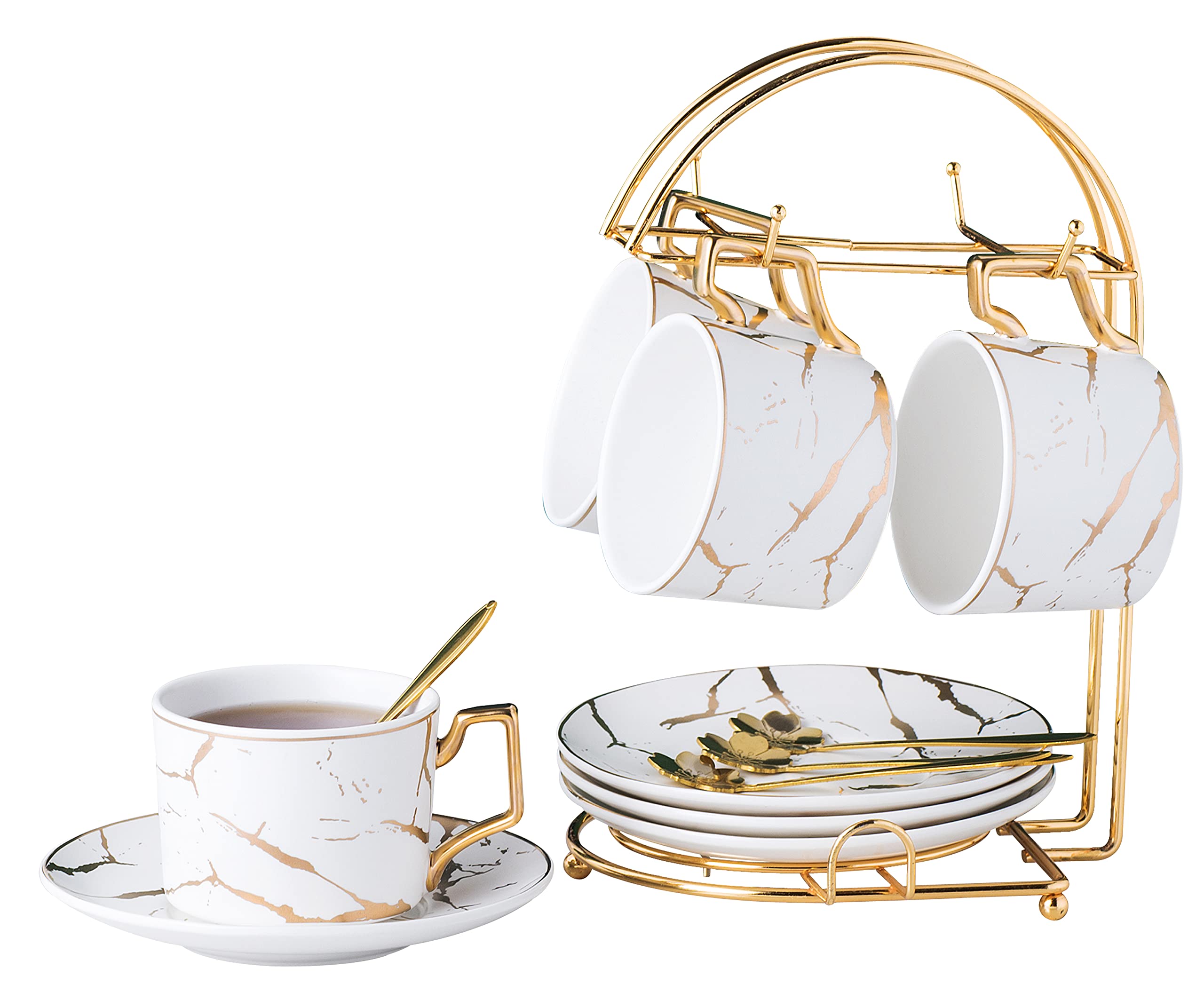 Jusalpha Serve Of 4- Hand Printed Golden Matte Ceramic Marble Tea Coffee/Tea Cups With Spoons And Cup Holder, 7Oz -Tcs26 (White/