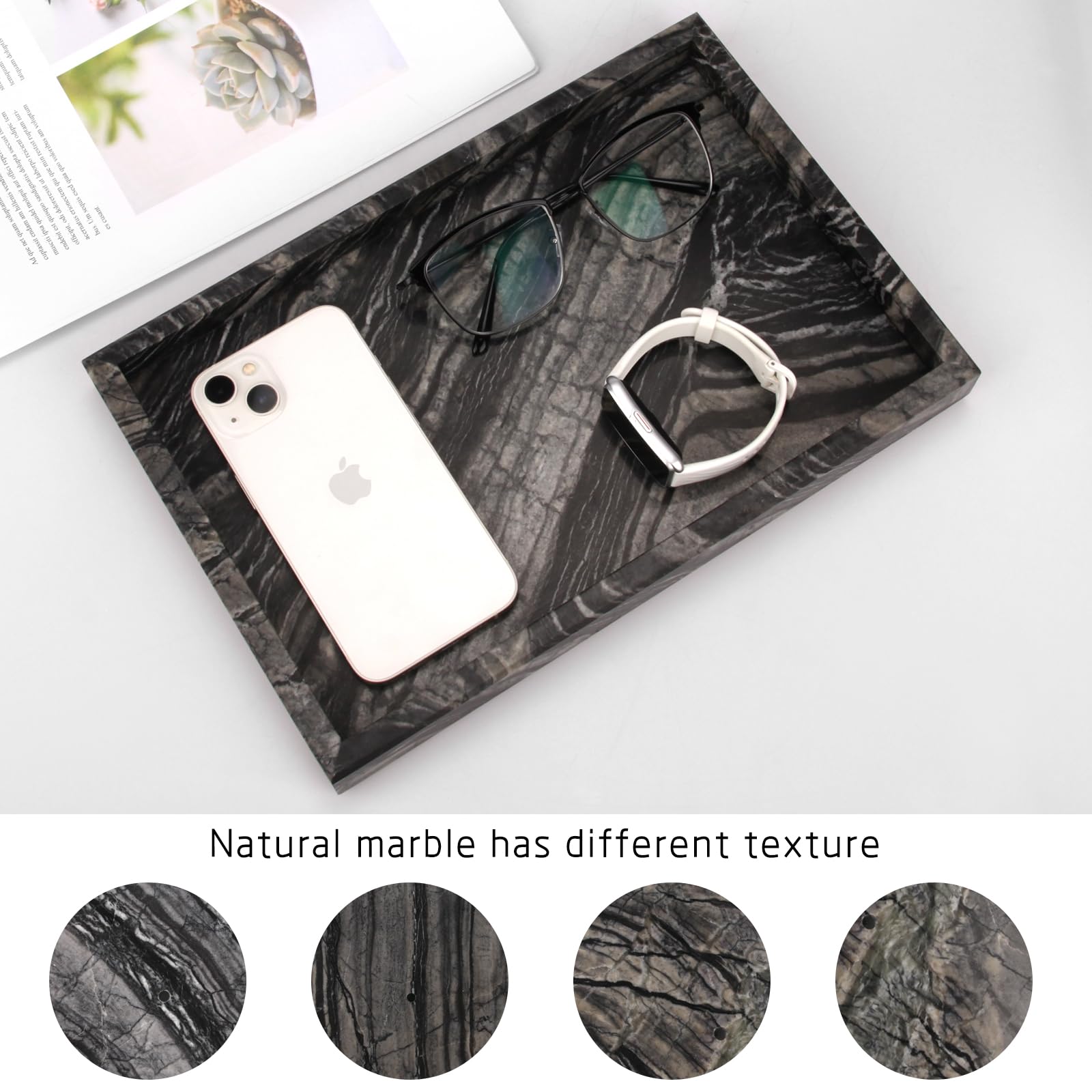 Heshibi Marble Bathroom Vanity Tray, Natural Luxury Ancient Wood Grain Vanity Home Kitchen Table Tray, Stone Decorative Countert