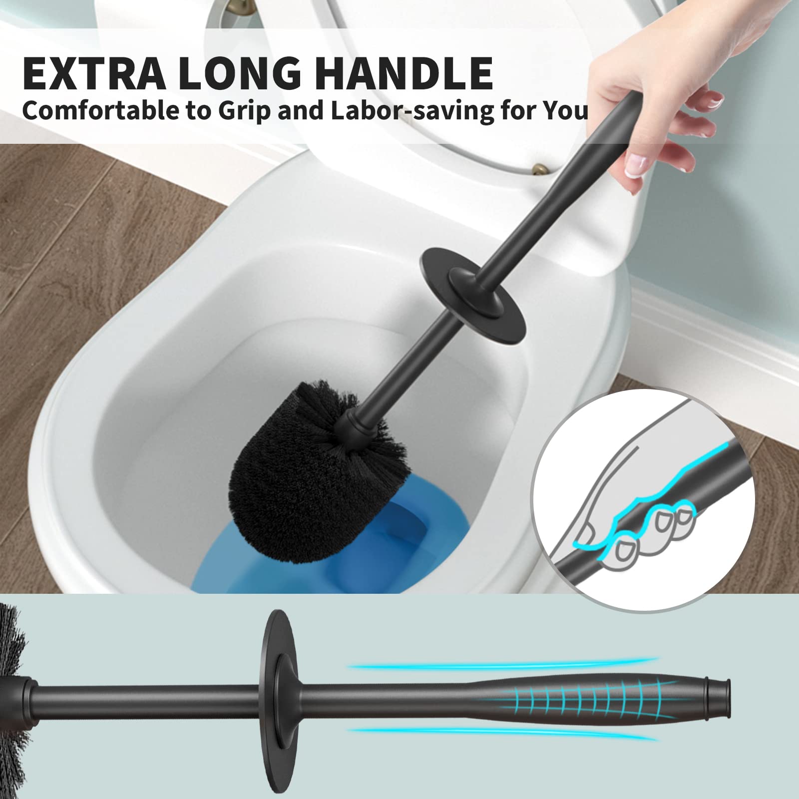 Toilet Brush And Holder 2 Pack, Toilet Bowl Brush With Extra Long Handle, Toilet Scrubber And Covered Holder, Toilet Brushes For