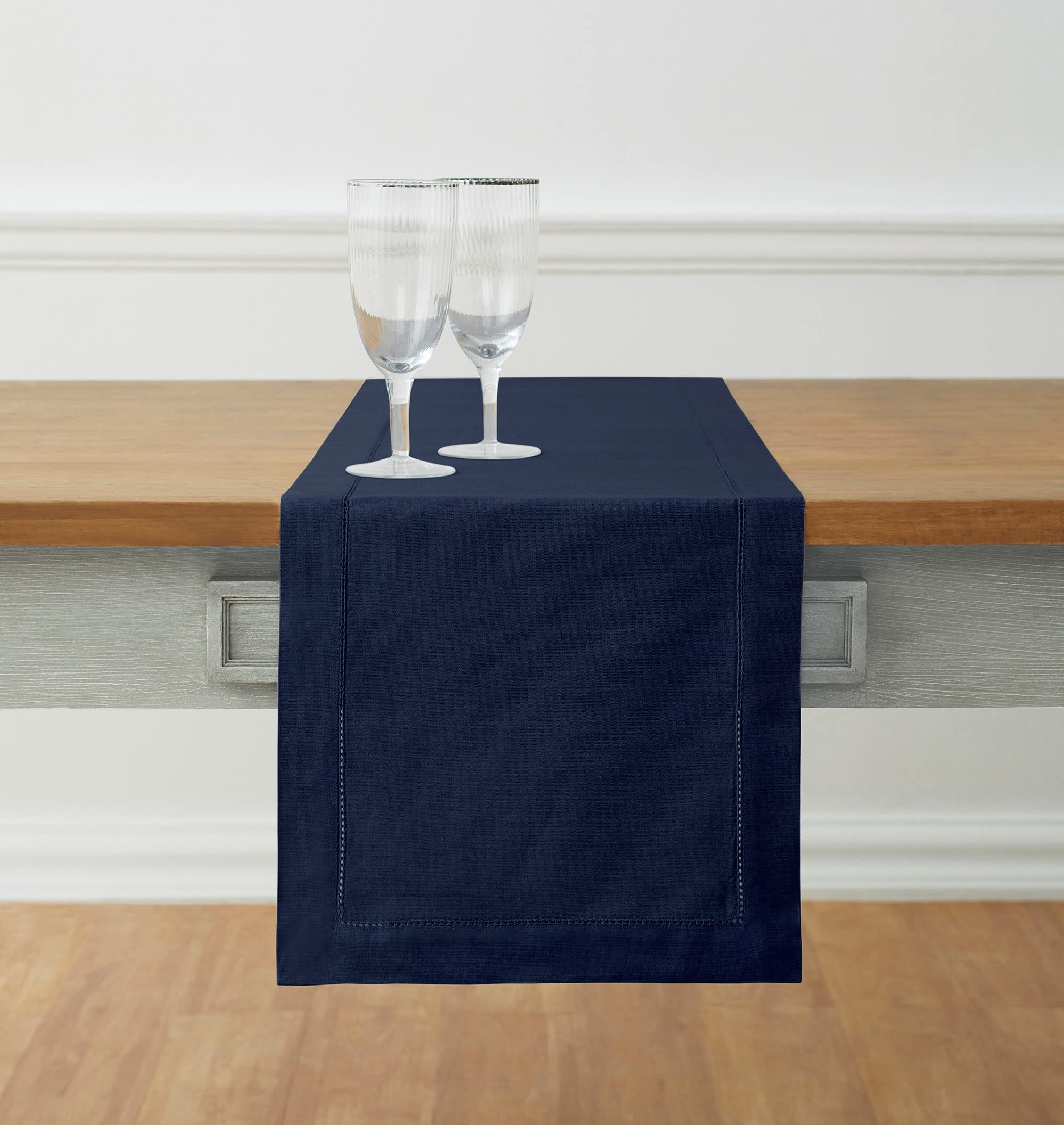 Solino Home Navy Table Runner 120 Inches Long - Cotton Linen Hemstitch Fall, Thanksgiving, Christmas Table Runner 14 X 120 Inch