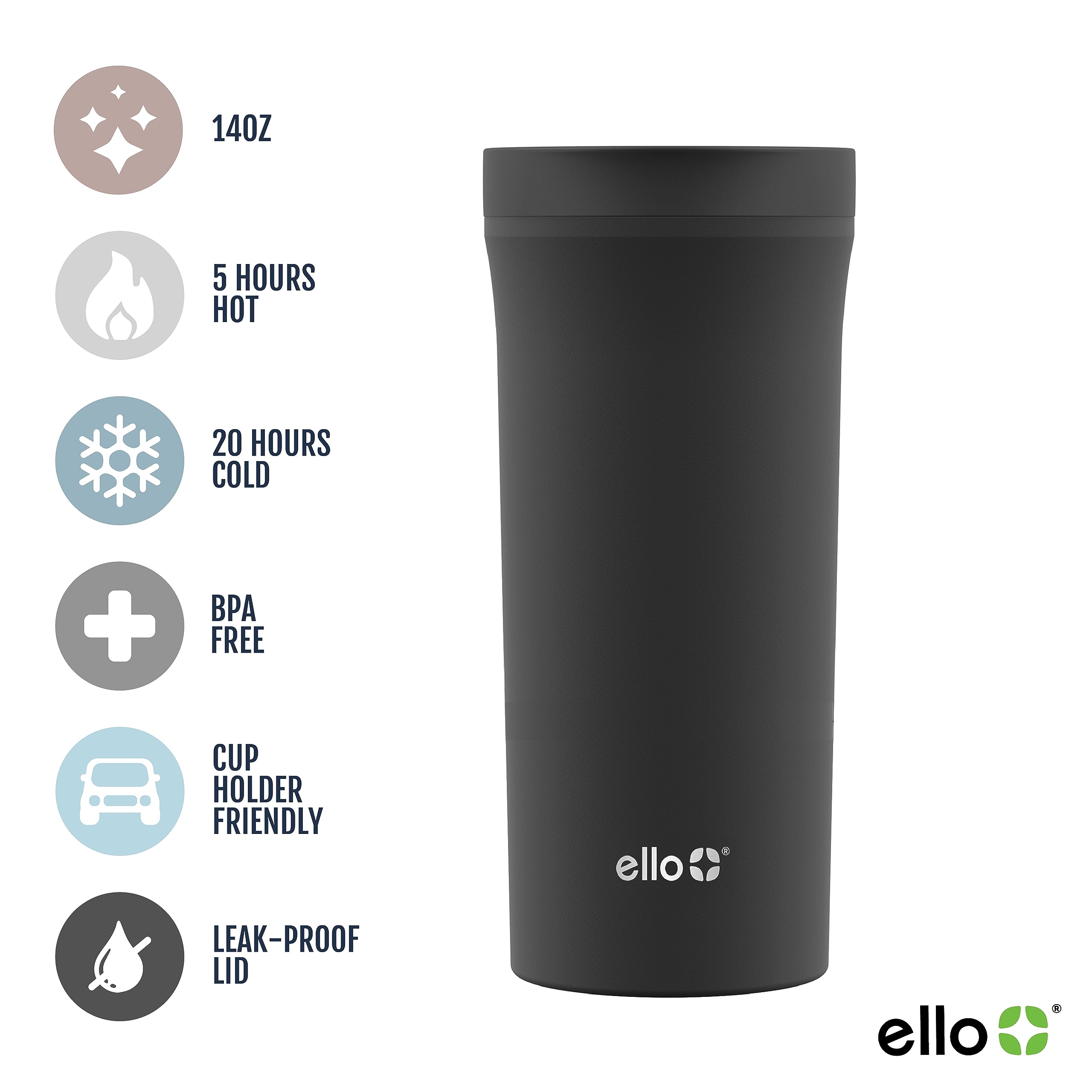 Ello 14oz Vacuum Insulated Travel Mug - Stainless Steel, Leak-Proof Slider Lid, Black, BPA-Free, Model 465-0999-400-6
