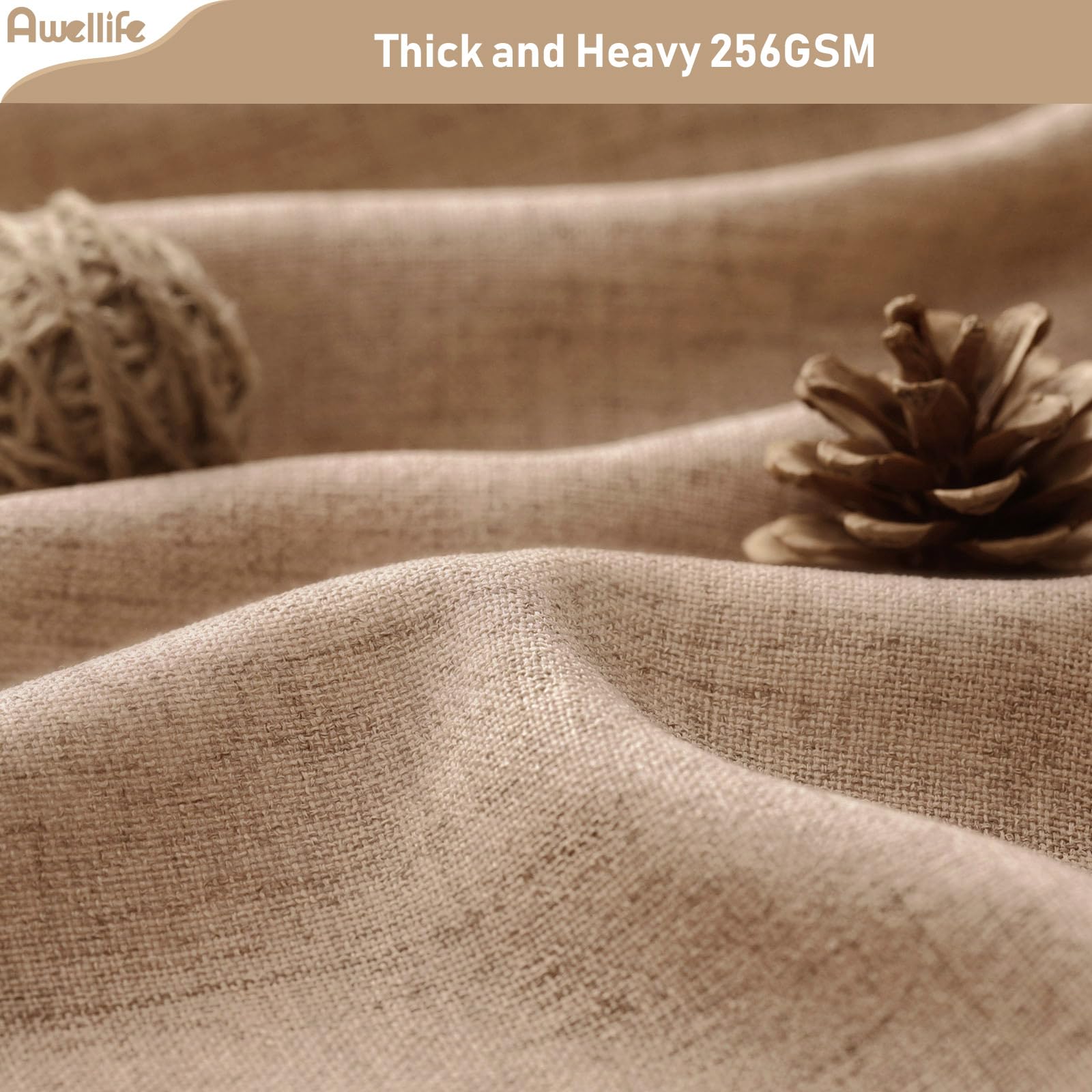 Awellife Extra Long Brown Linen Style Shower Curtain Set With 12 Durable Hooks - Tan Textured Fabric Heavy Cloth Shower Curtains