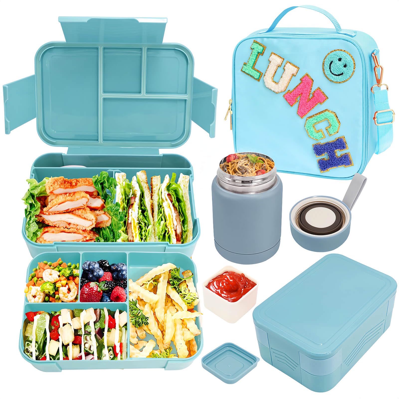 Kids Lunch Bag with 10oz Thermos, with 6 Compartment Bento Box, Blue Nylon Insulated Preppy Lunch Box Adjustable Strap Birthday 