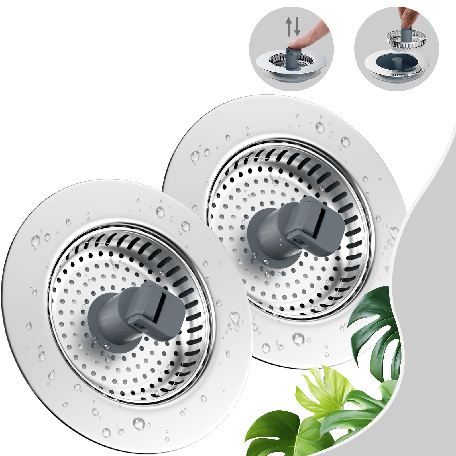 Hibbent 2 Pack Universal 3 In 1 Kitchen Sink Drain Strainer With Sink Stopper, Stainless Steel Wrapped Shell, Sus304 Anti-Cloggi